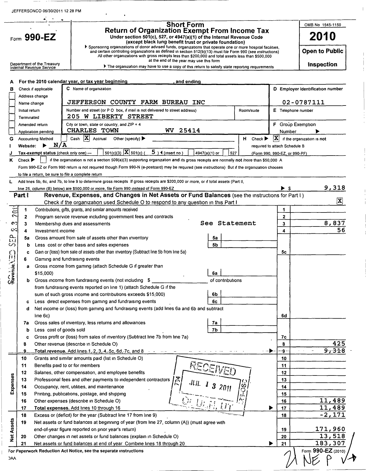 Image of first page of 2010 Form 990EO for Jefferson County Farm Bureau