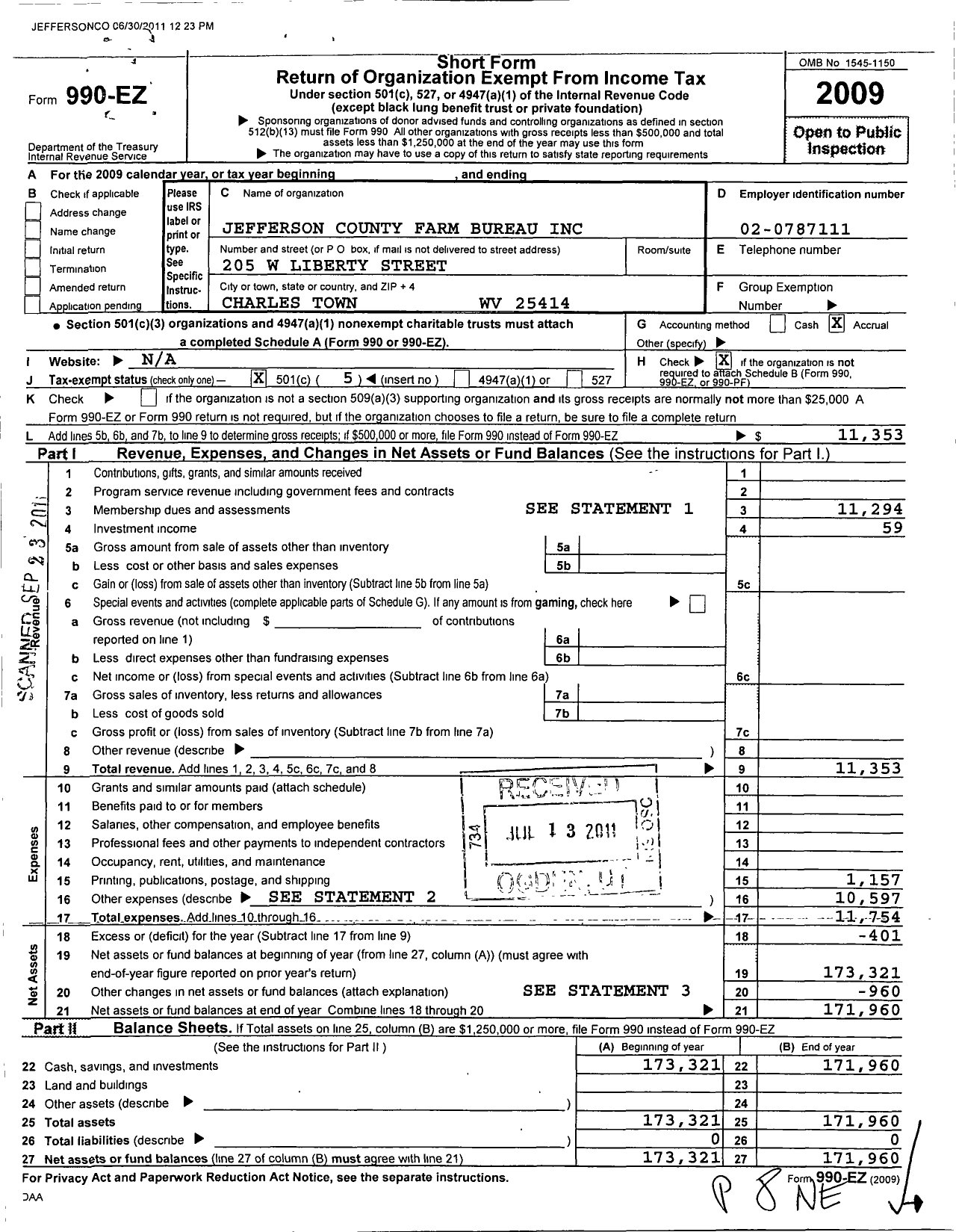 Image of first page of 2009 Form 990EO for Jefferson County Farm Bureau