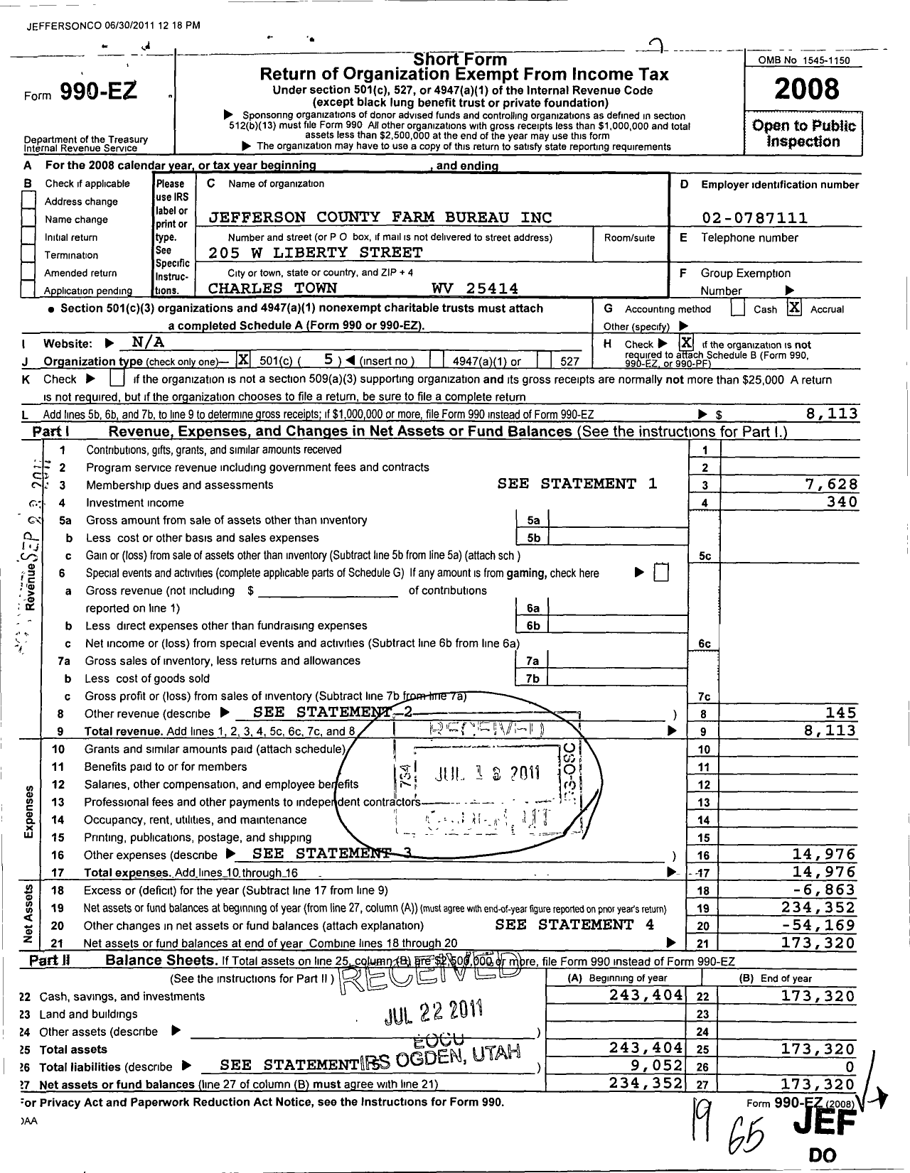 Image of first page of 2008 Form 990EO for Jefferson County Farm Bureau