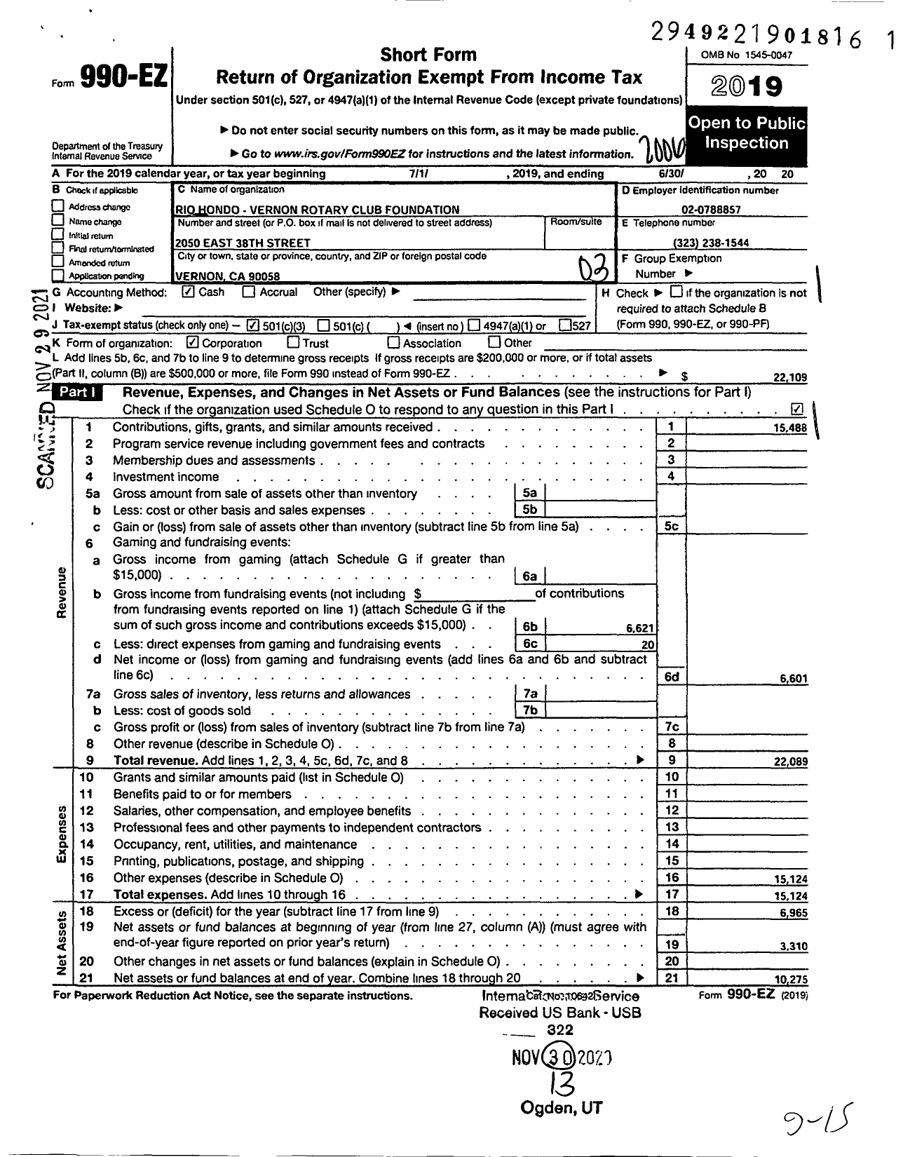 Image of first page of 2019 Form 990EZ for Rio Hondo-Vernon Rotary Club FDTN