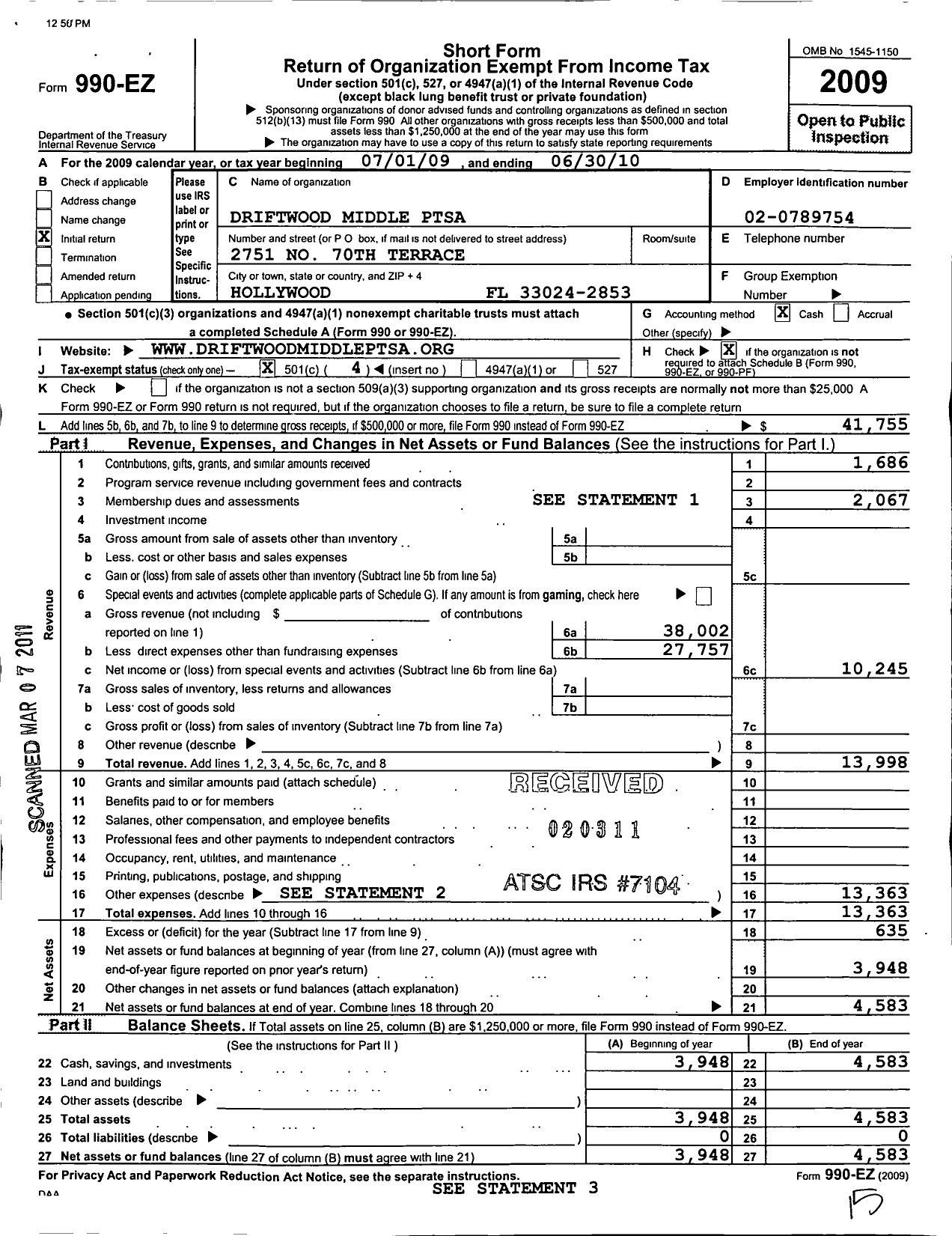 Image of first page of 2009 Form 990EO for PTA Florida Congress - Driftwood Middle Ptsa