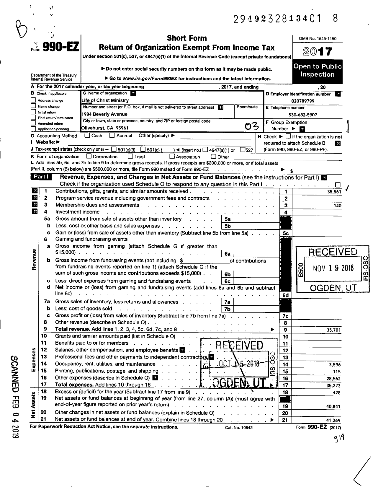 Image of first page of 2017 Form 990EZ for Life of Christ Ministry