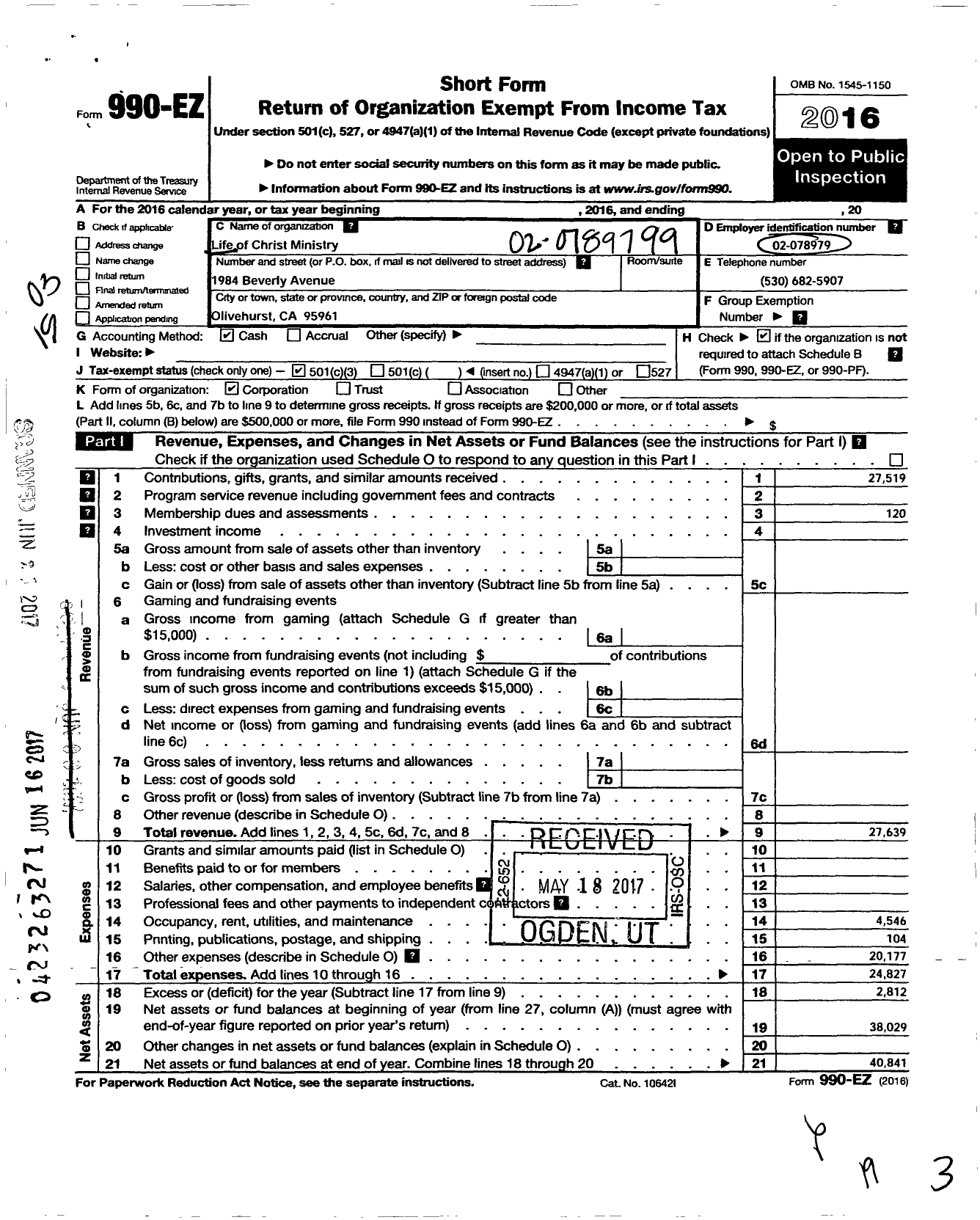 Image of first page of 2016 Form 990EZ for Life of Christ Ministry