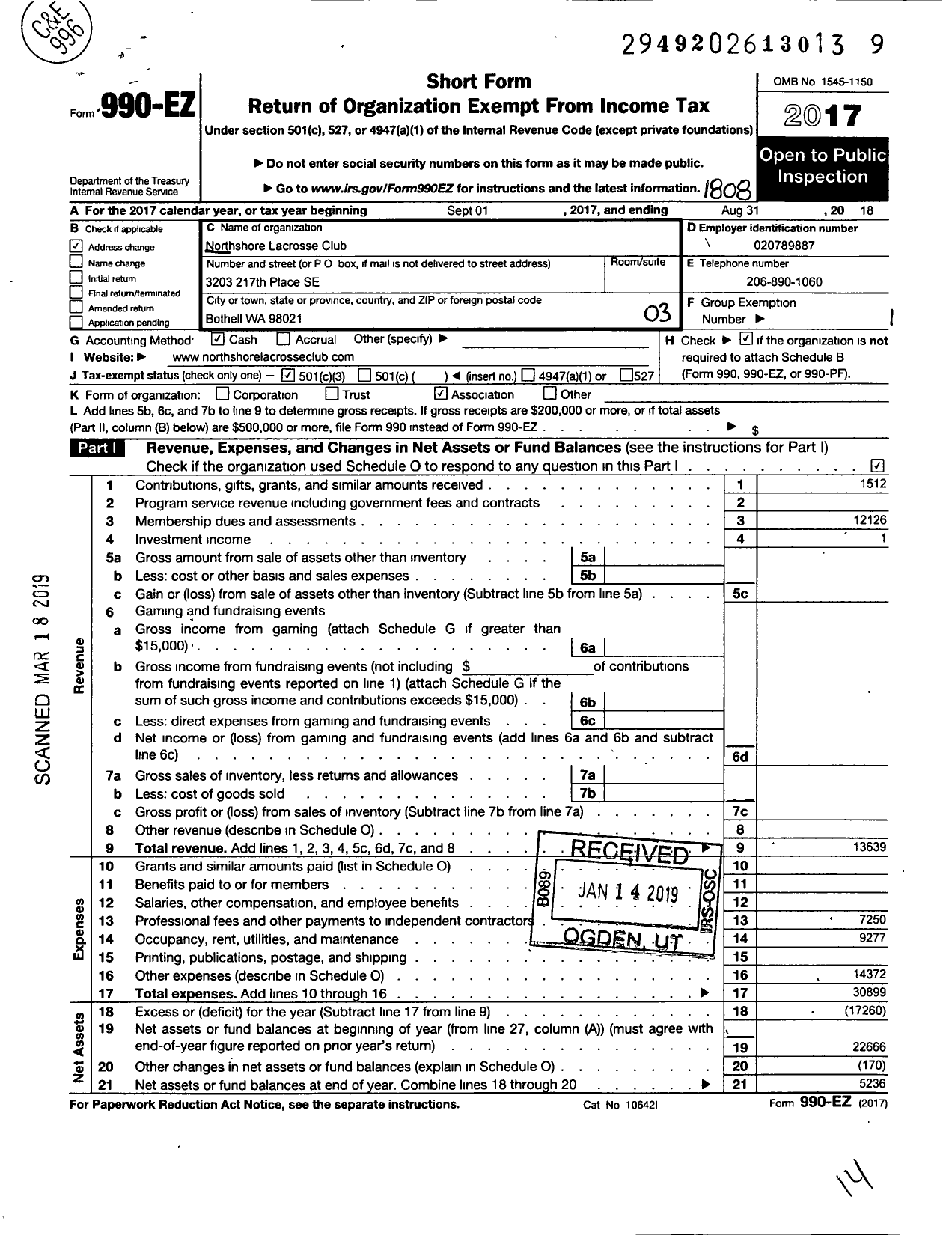 Image of first page of 2017 Form 990EZ for Northshore Lacrosse Club