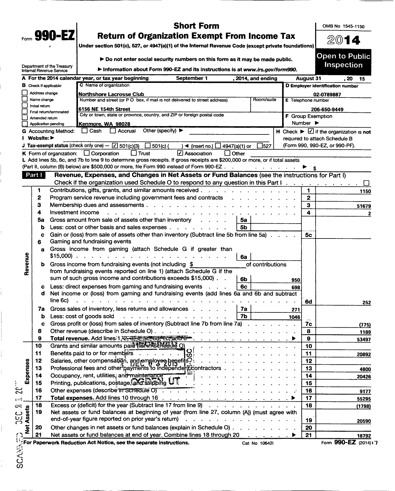 Image of first page of 2014 Form 990EZ for Northshore Lacrosse Club