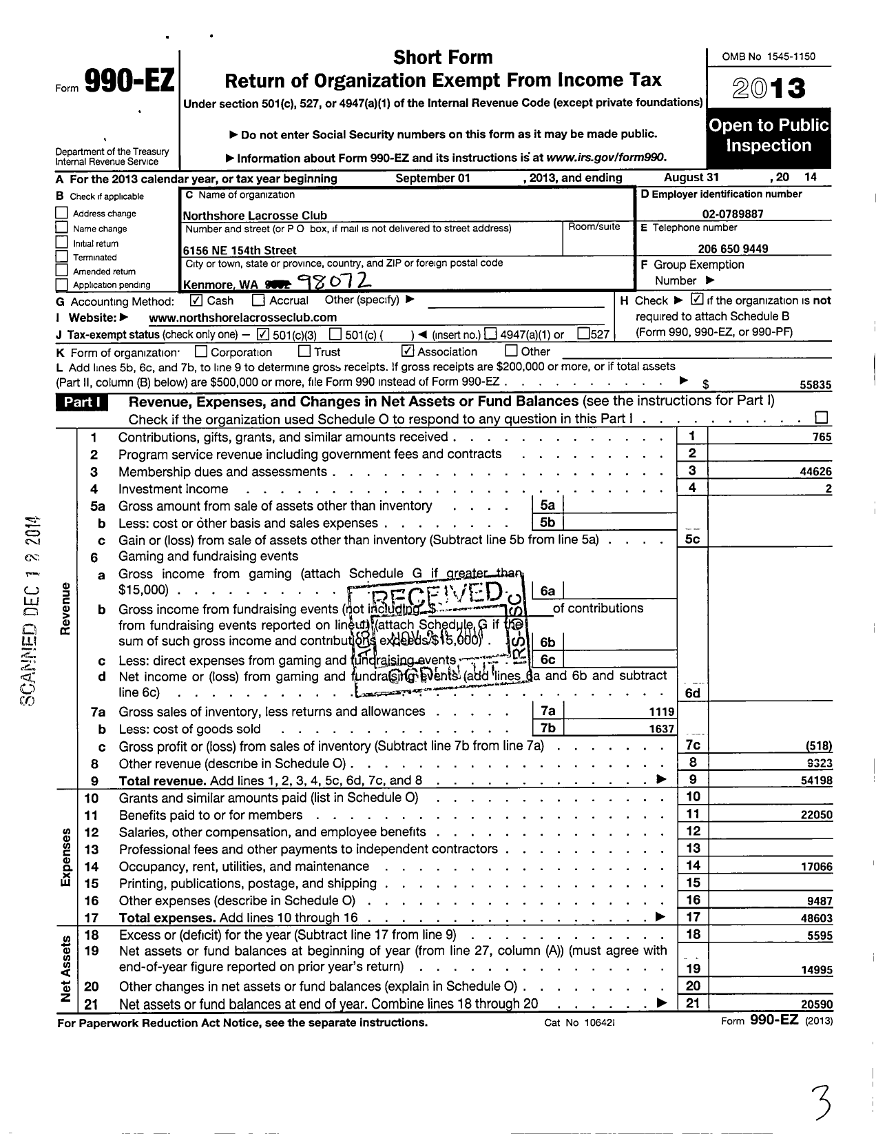 Image of first page of 2013 Form 990EZ for Northshore Lacrosse Club