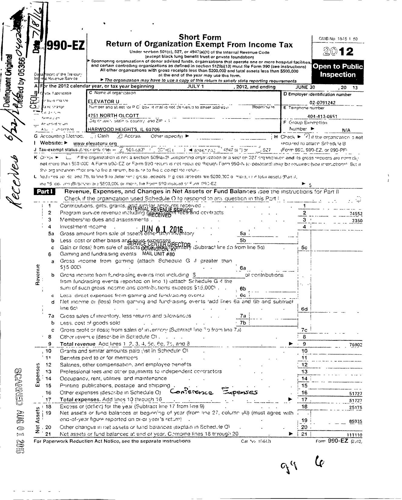 Image of first page of 2012 Form 990EZ for Elevator U