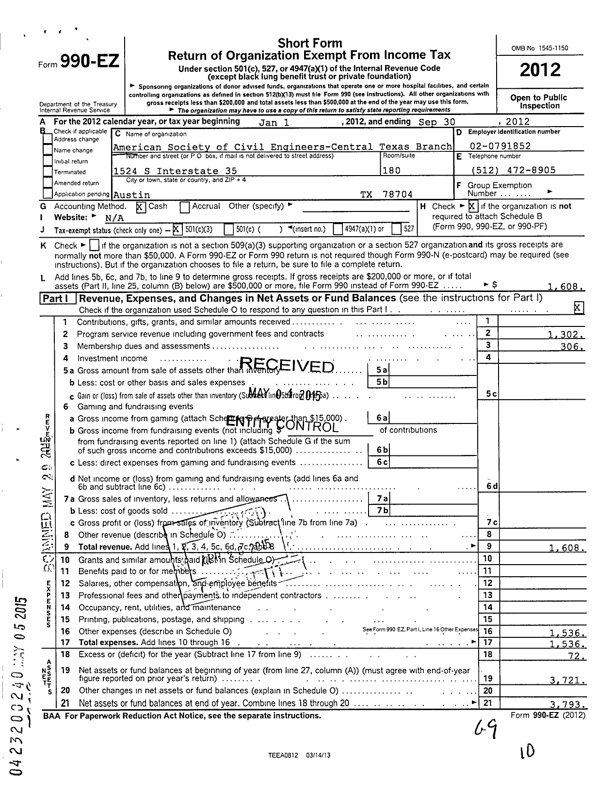 Image of first page of 2011 Form 990EZ for American Society of Civil Engineers / Central Texas Branch