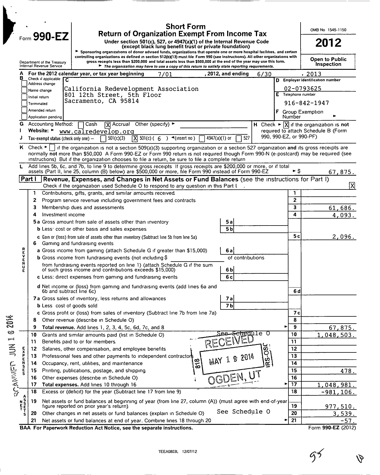 Image of first page of 2012 Form 990EO for California Redevelopment Association (CRA)