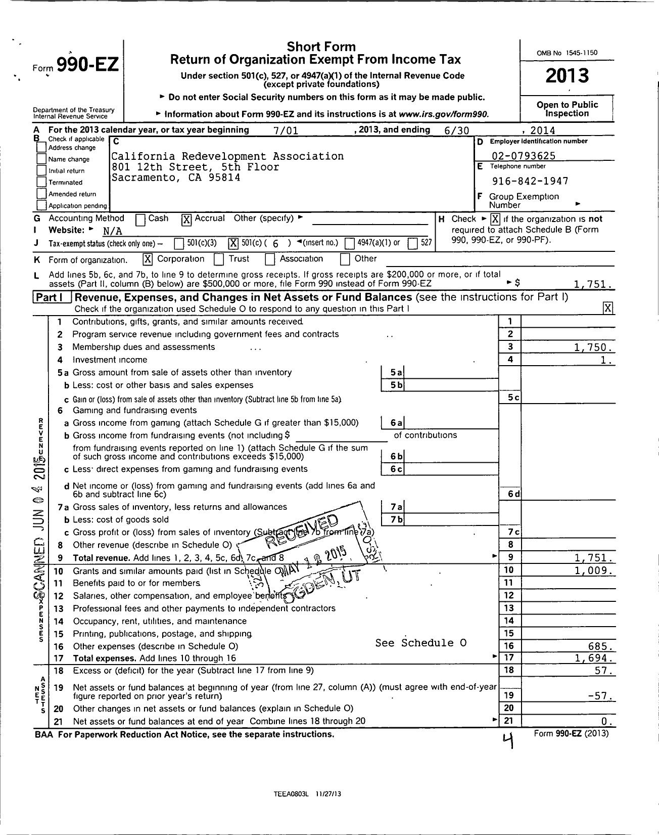 Image of first page of 2013 Form 990EO for California Redevelopment Association (CRA)