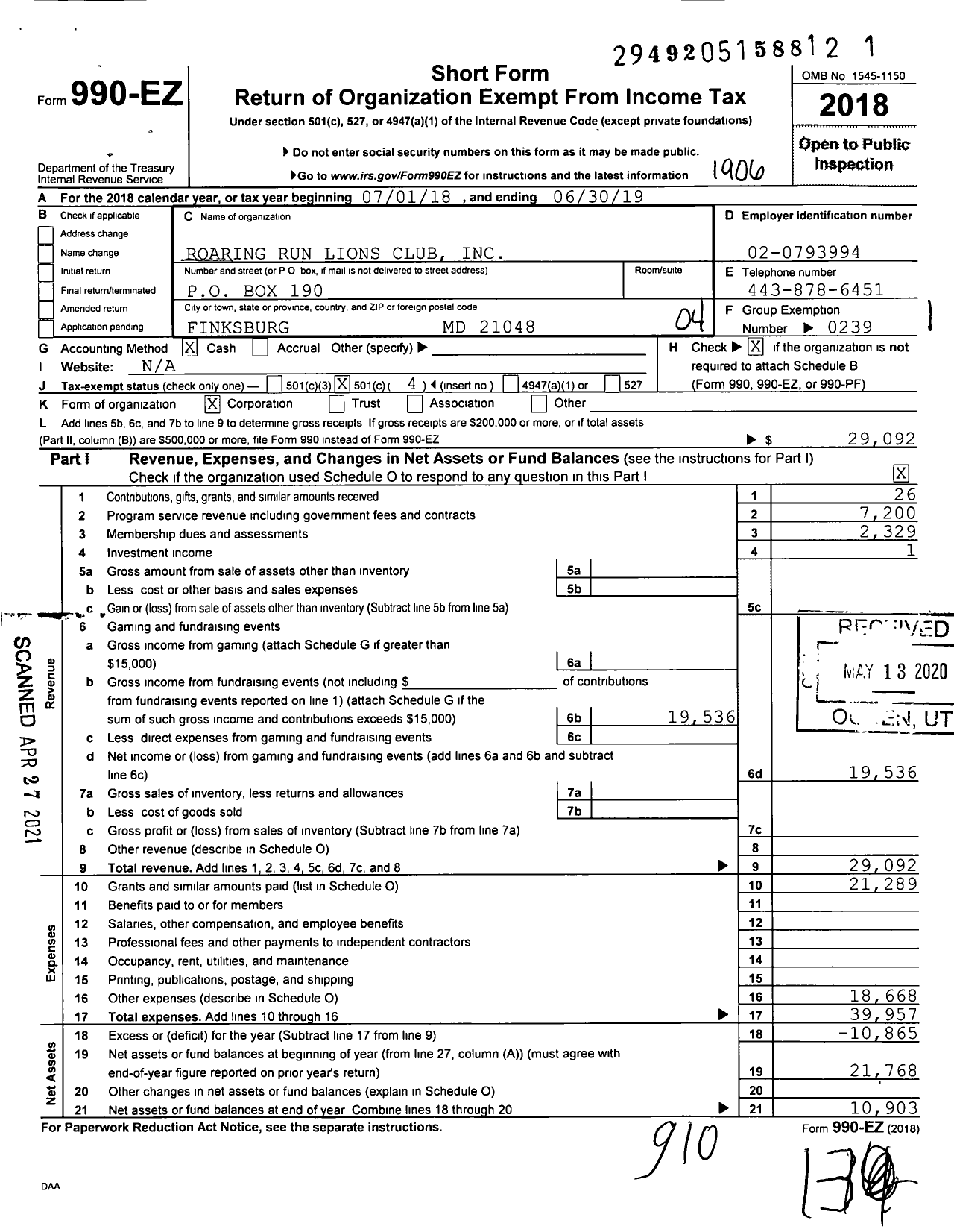 Image of first page of 2018 Form 990EO for Roaring Run Lions Club