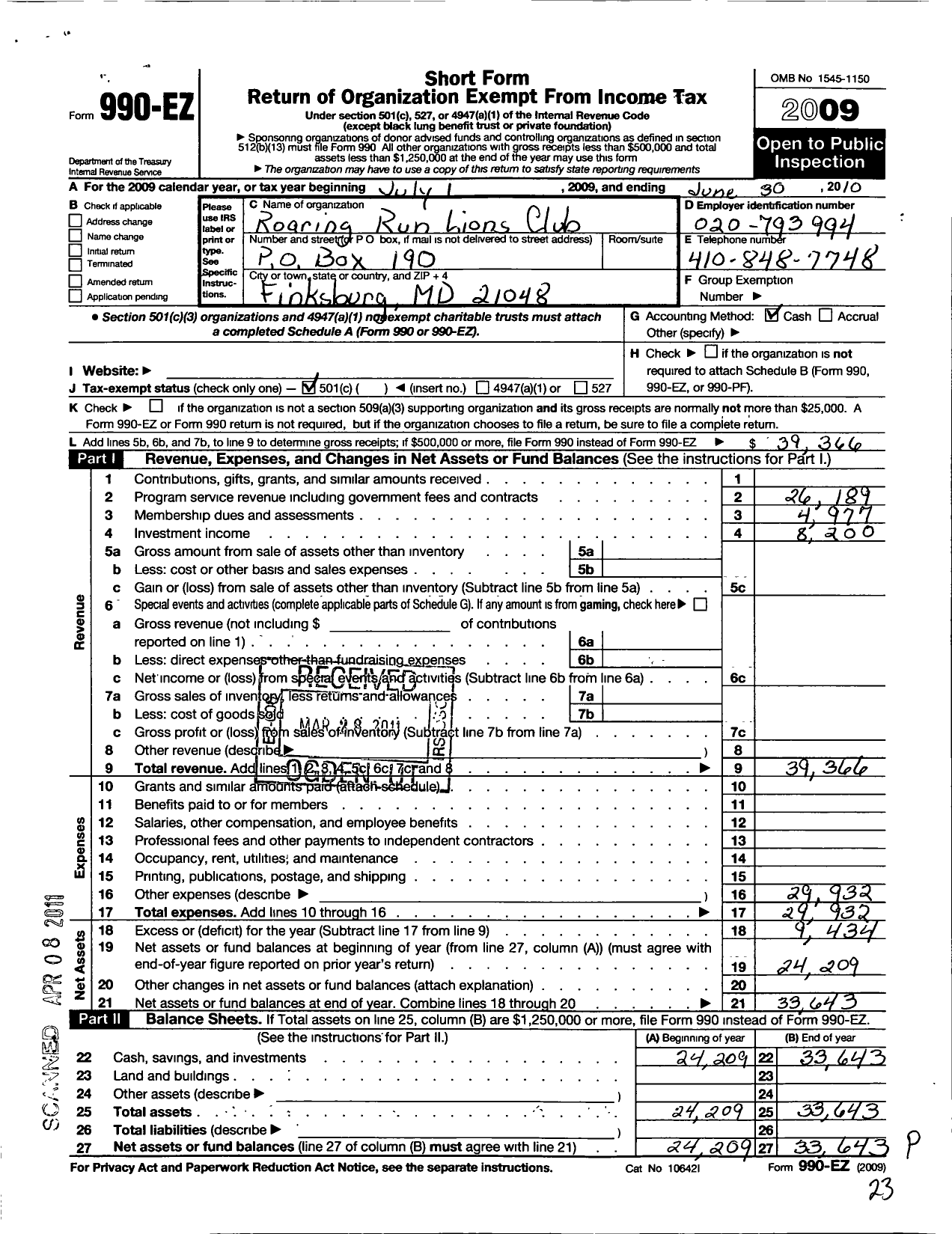 Image of first page of 2009 Form 990EO for Roaring Run Lions Club