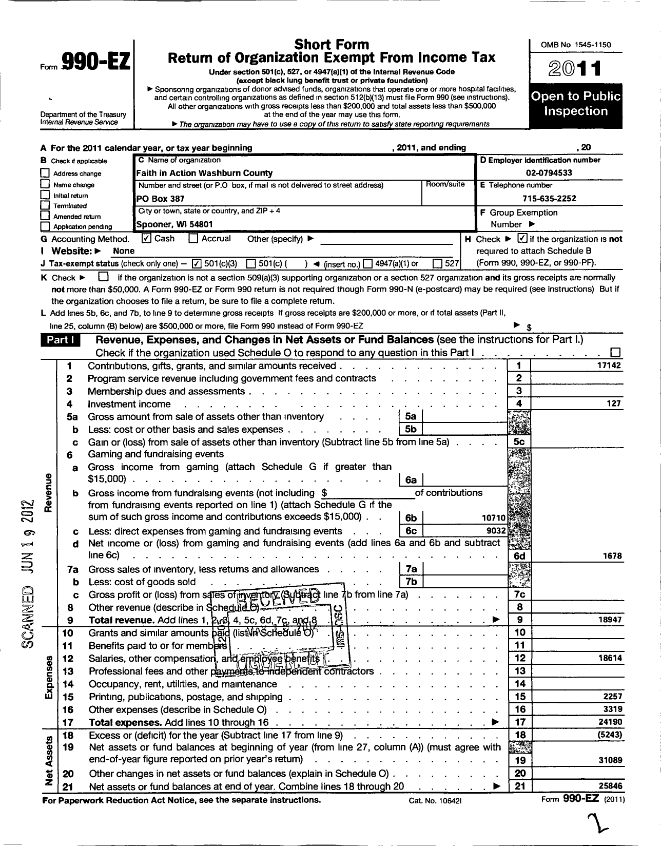 Image of first page of 2011 Form 990EZ for Faith In Action Washburn County Neighbor To Neighbor