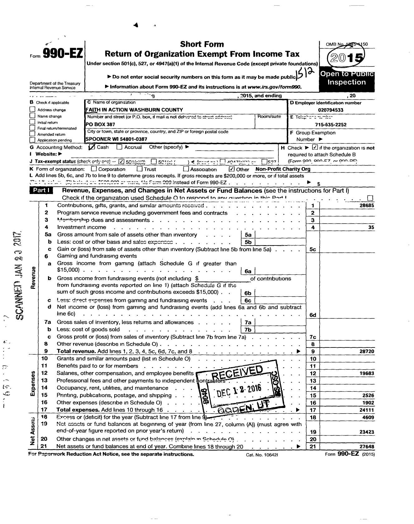 Image of first page of 2015 Form 990EZ for Faith In Action Washburn County Neighbor To Neighbor