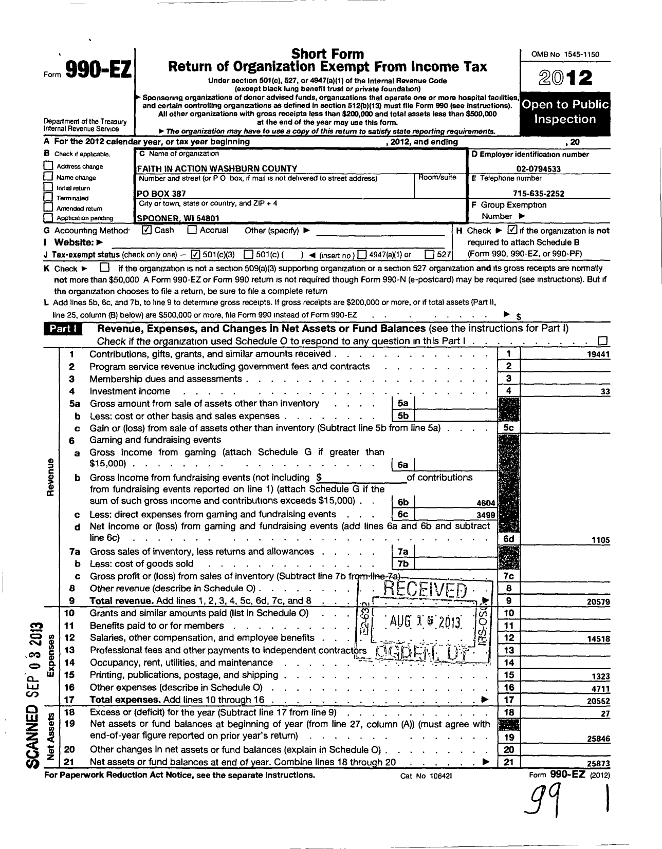 Image of first page of 2012 Form 990EZ for Faith In Action Washburn County Neighbor To Neighbor