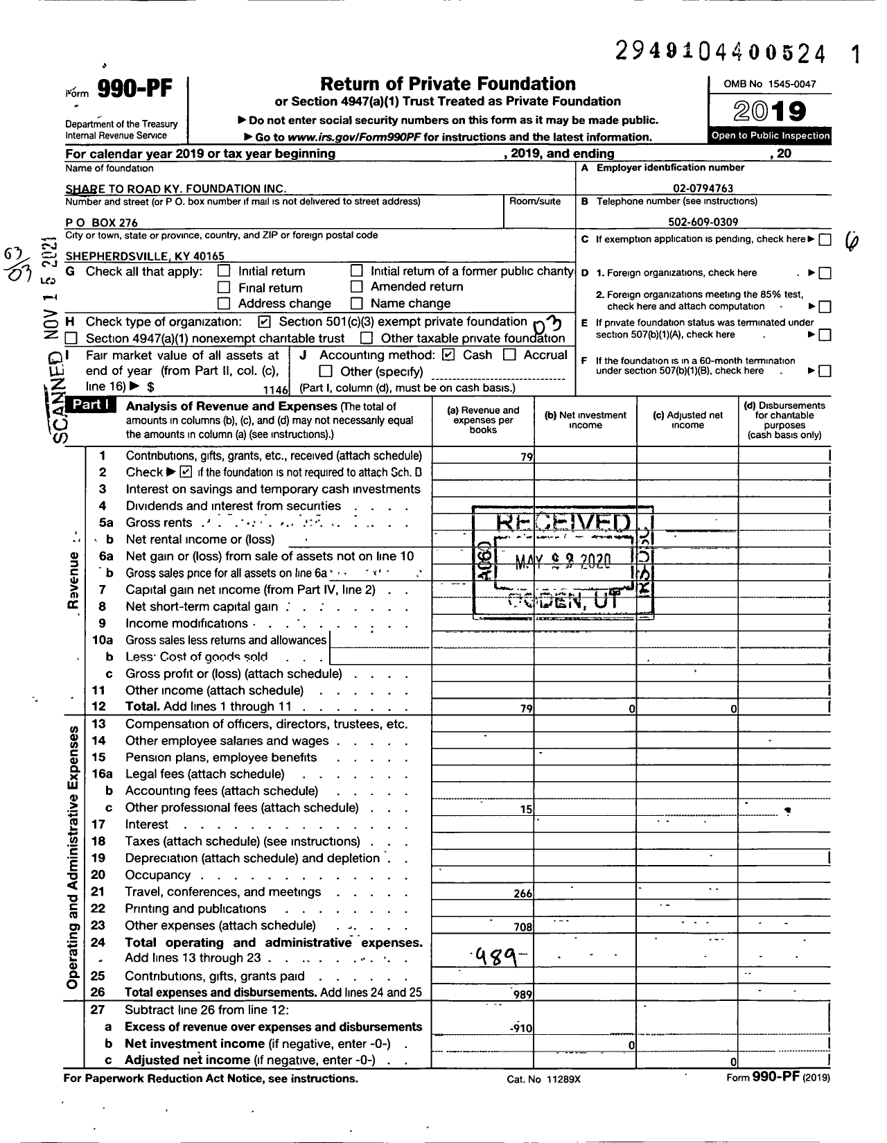 Image of first page of 2019 Form 990PF for Share The Road Kentucky Foundation