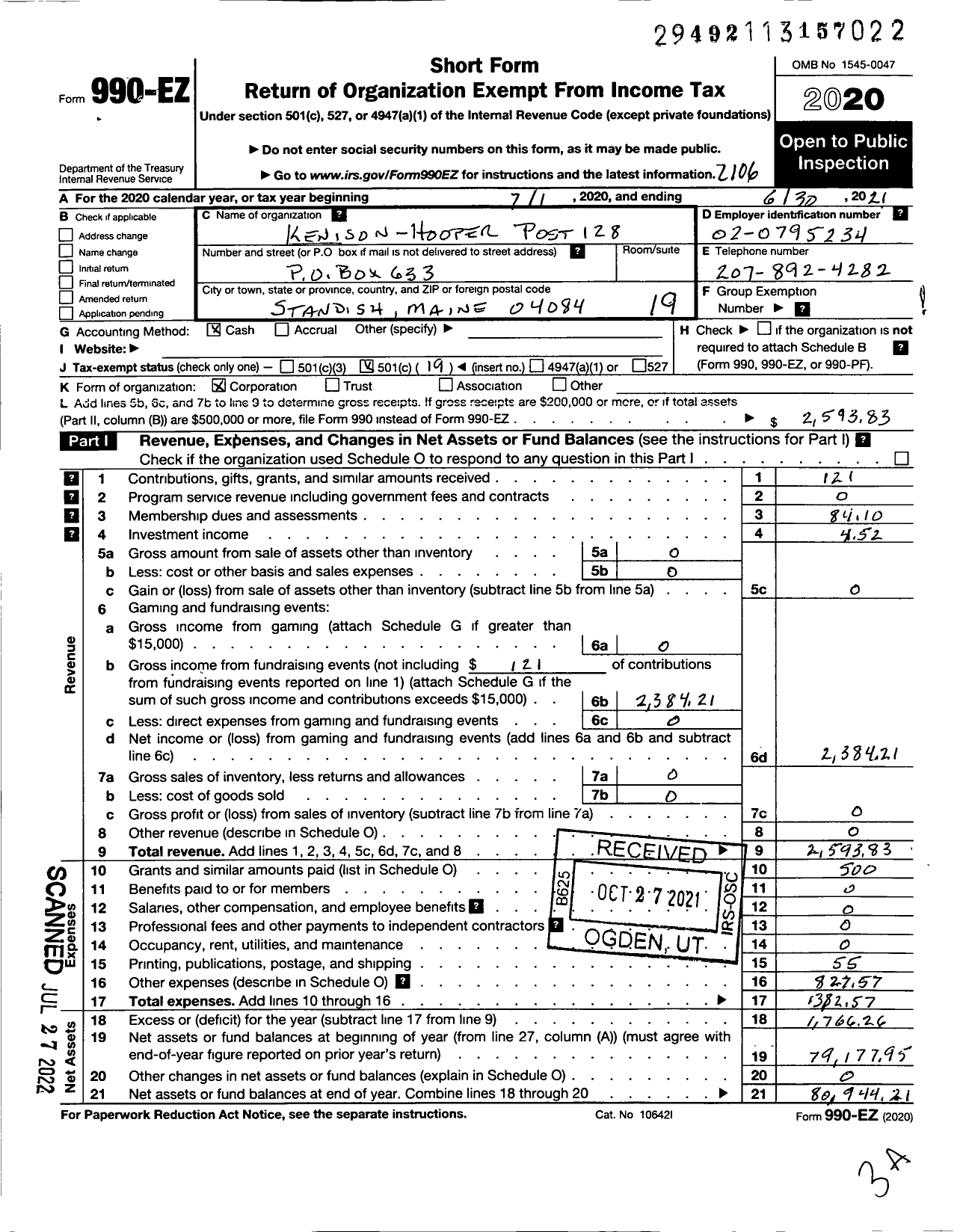 Image of first page of 2020 Form 990EO for American Legion - 0128 Kenison-Hooper