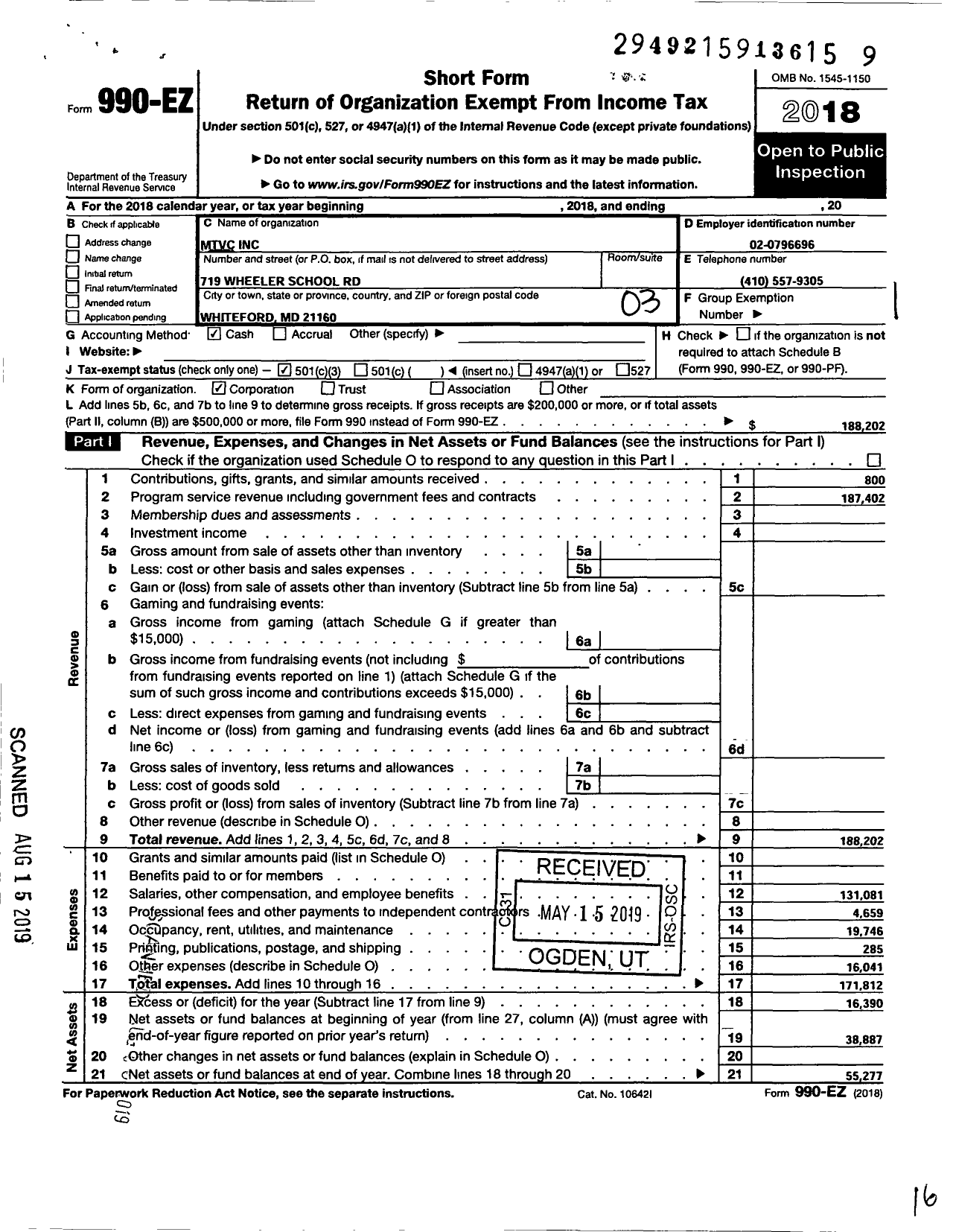 Image of first page of 2018 Form 990EZ for MTVC