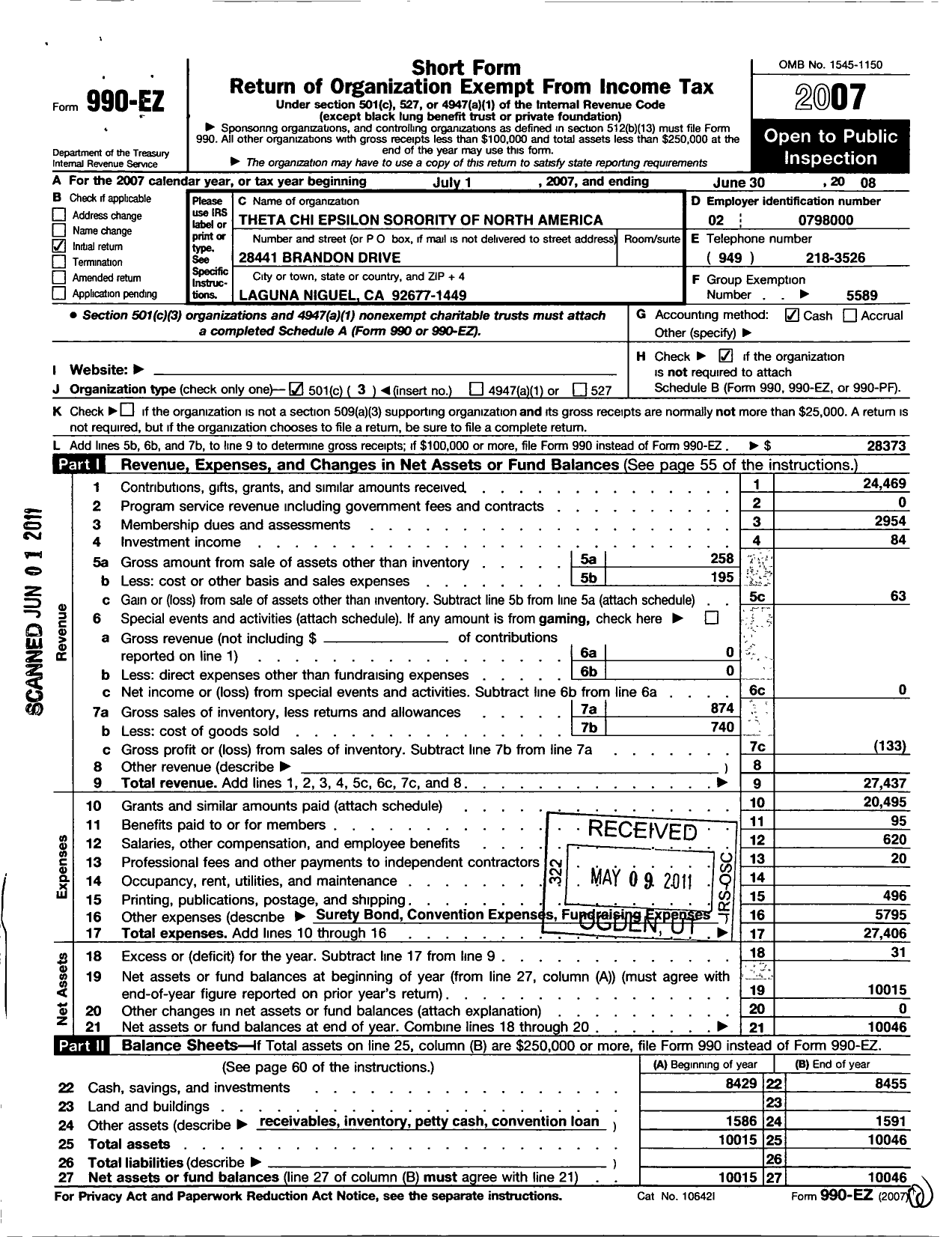 Image of first page of 2007 Form 990EZ for Theta Chi Epsilon Sorority of N A