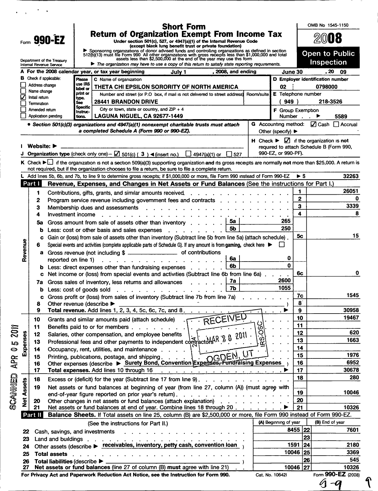 Image of first page of 2008 Form 990EZ for Theta Chi Epsilon Sorority of N A