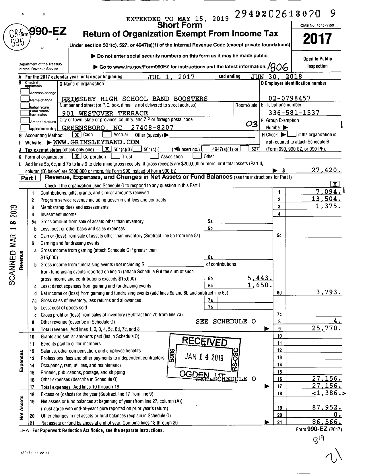 Image of first page of 2017 Form 990EZ for Grimsley High School Band Boosters