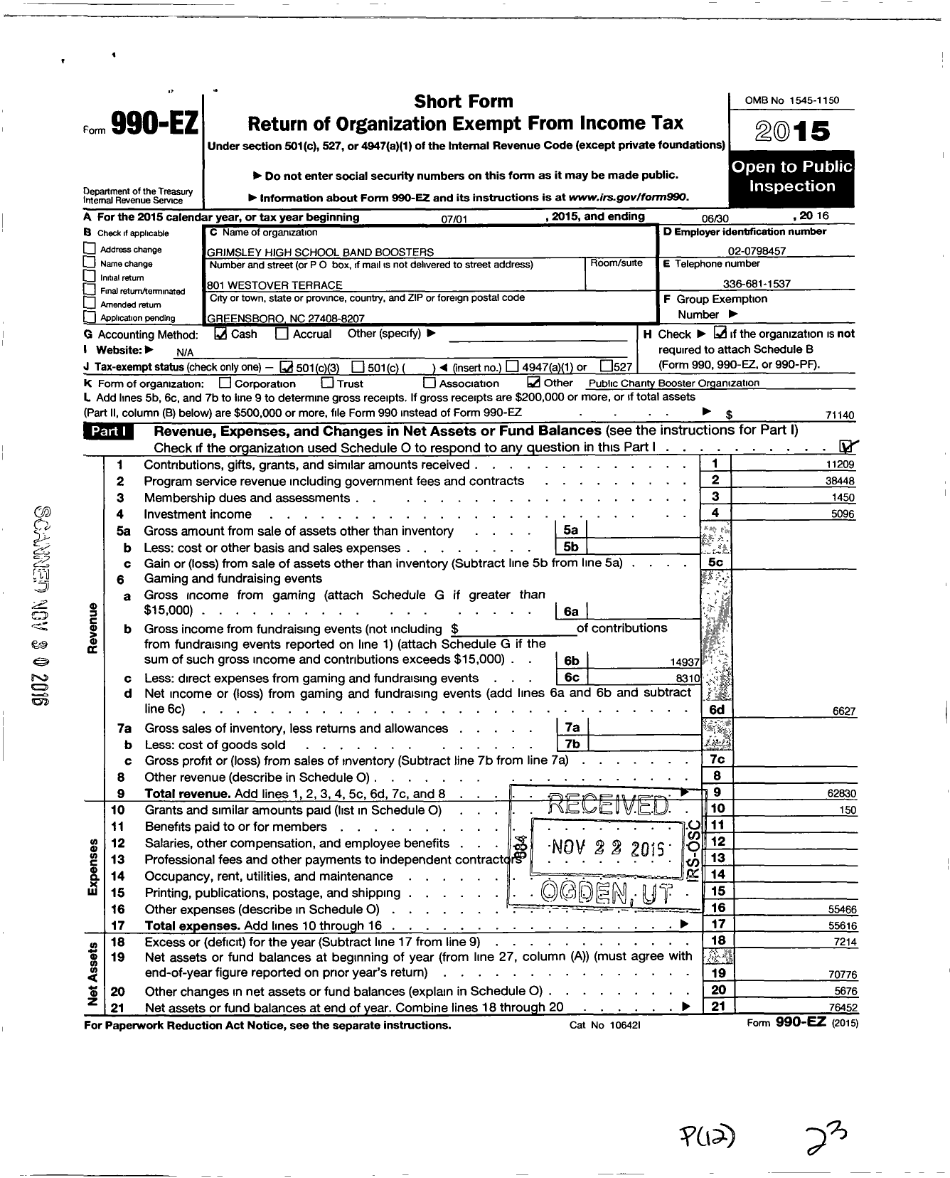 Image of first page of 2015 Form 990EZ for Grimsley High School Band Boosters