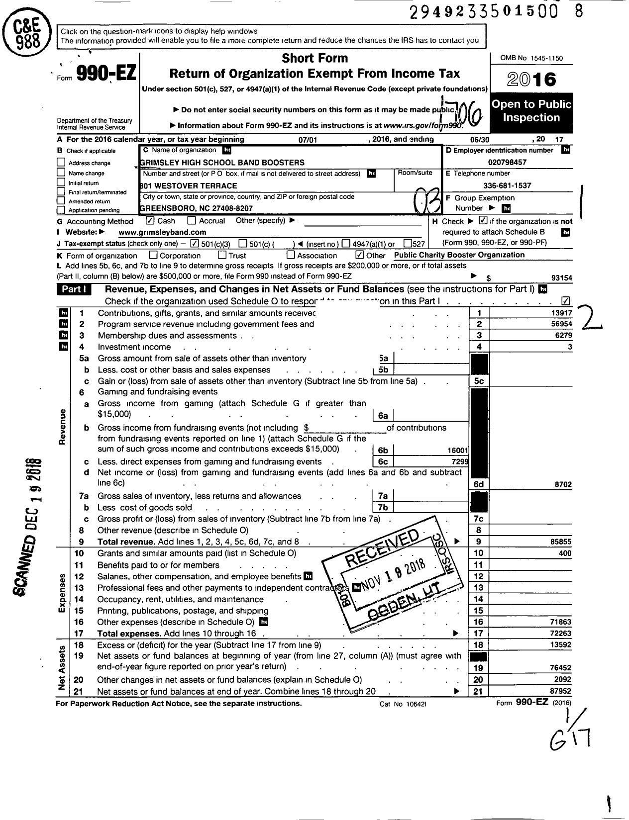 Image of first page of 2016 Form 990EZ for Grimsley High School Band Boosters