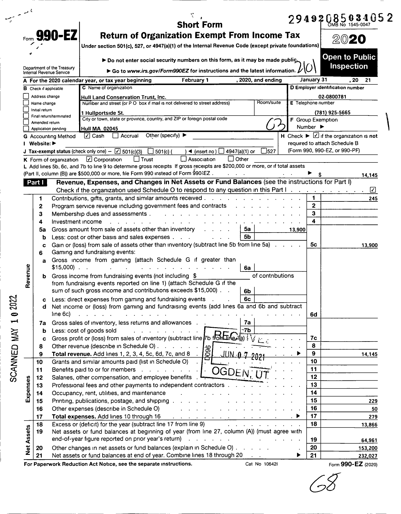 Image of first page of 2020 Form 990EZ for Hull Land Conservation Trust