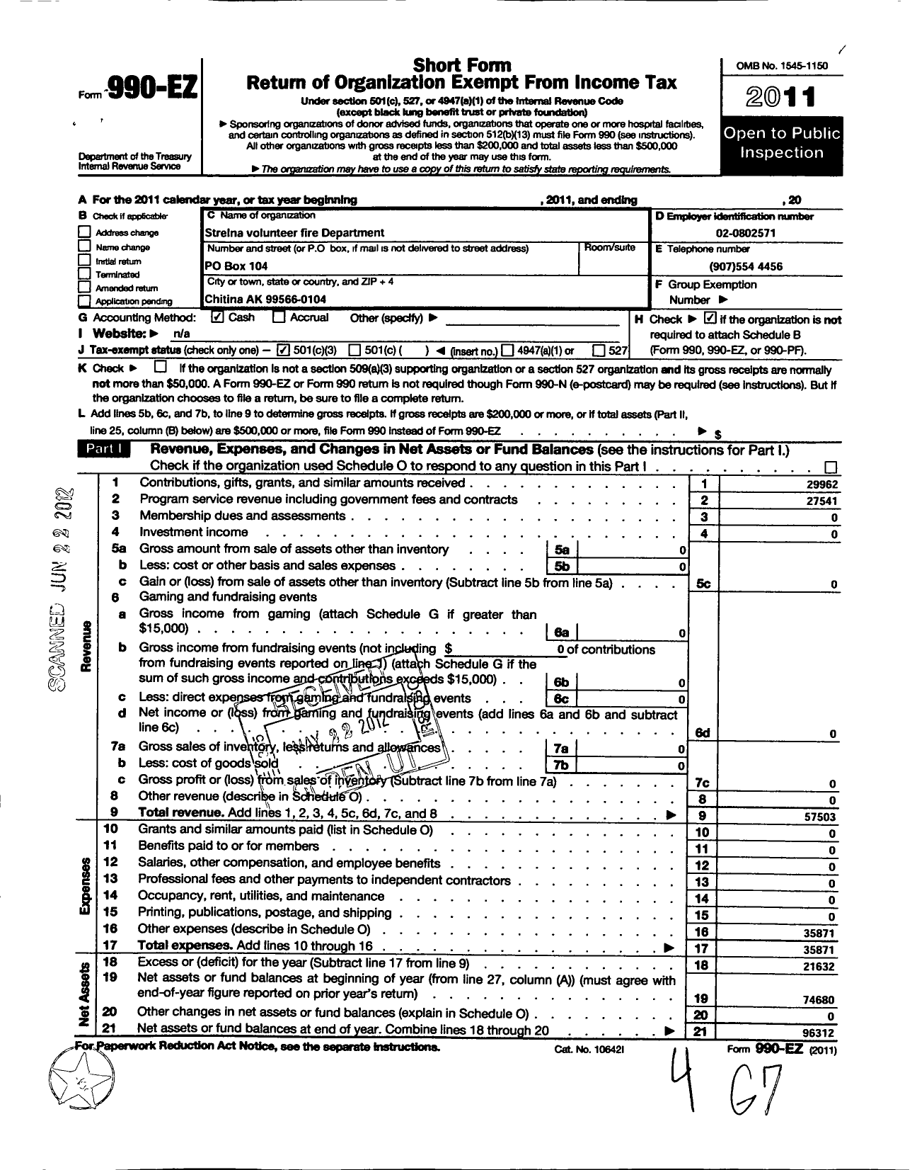Image of first page of 2011 Form 990EZ for Strelna Volunteer Fire Department