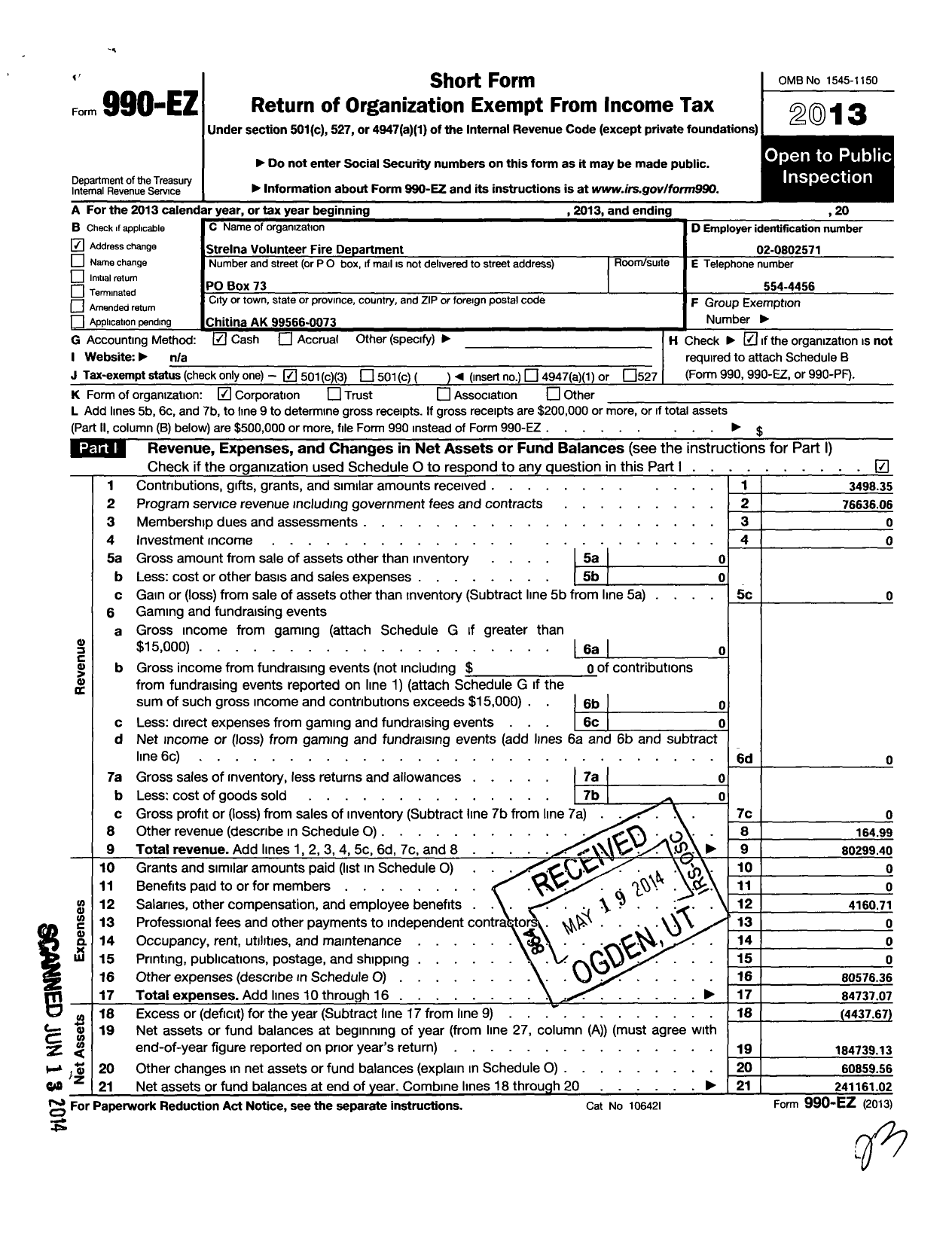 Image of first page of 2013 Form 990EZ for Strelna Volunteer Fire Department