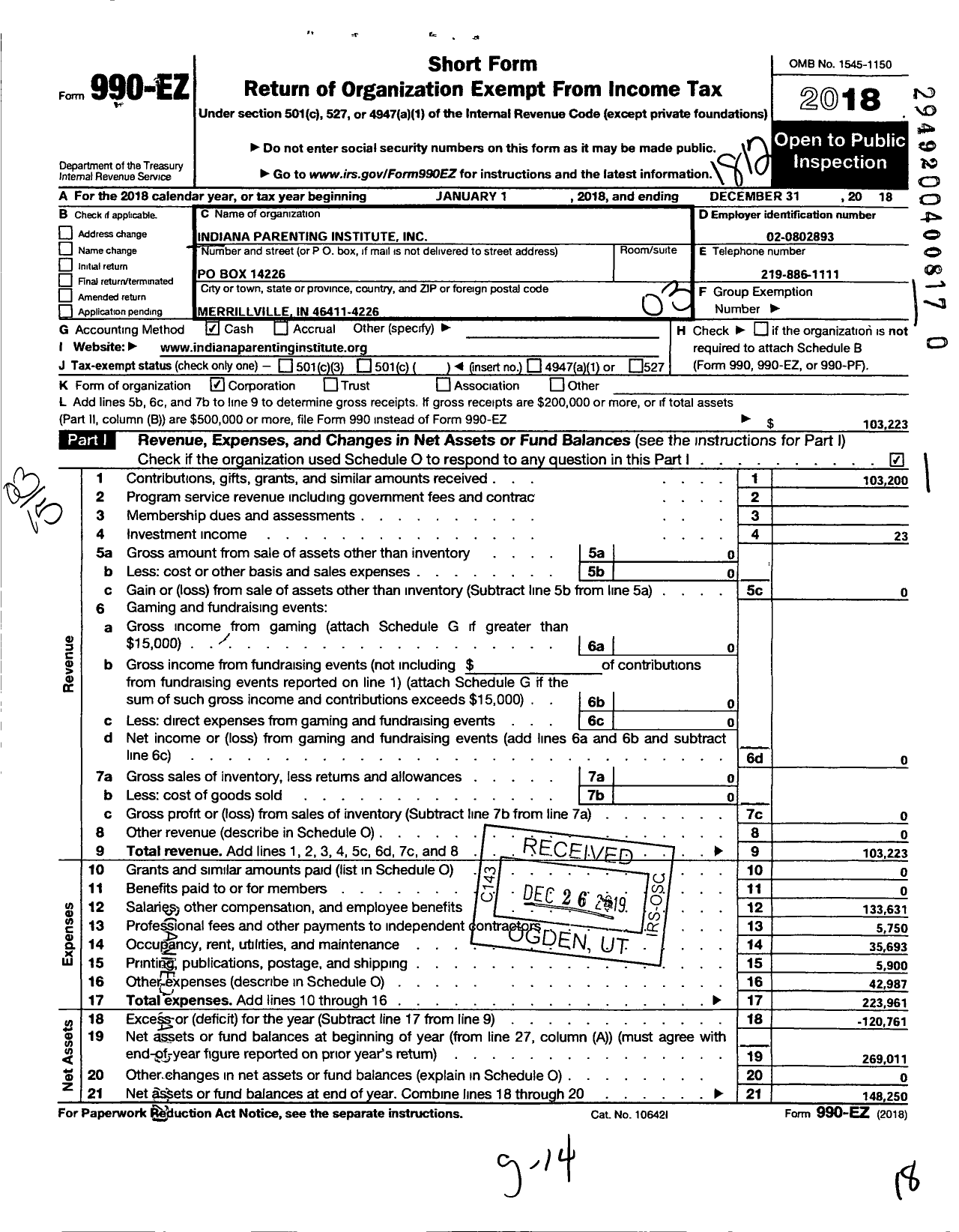 Image of first page of 2018 Form 990EZ for Indiana Parenting Institute