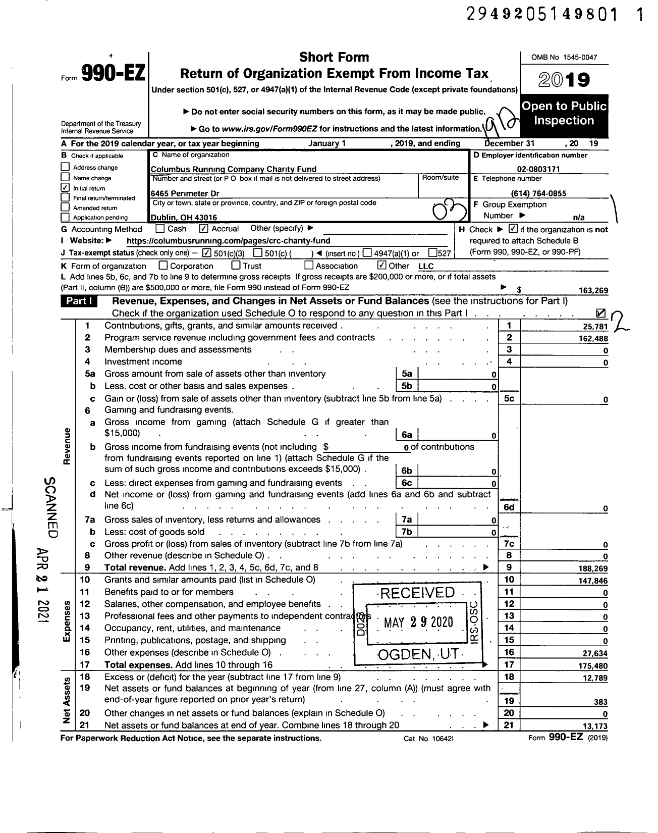 Image of first page of 2019 Form 990EZ for Columbus Running Charity Fund