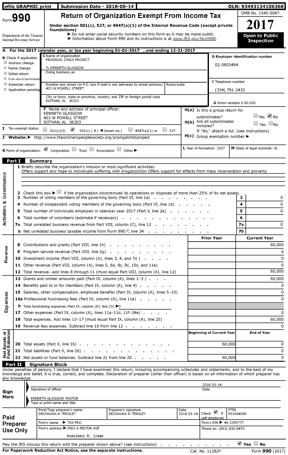 Image of first page of 2017 Form 990 for Prodigal Child Project (PCP)