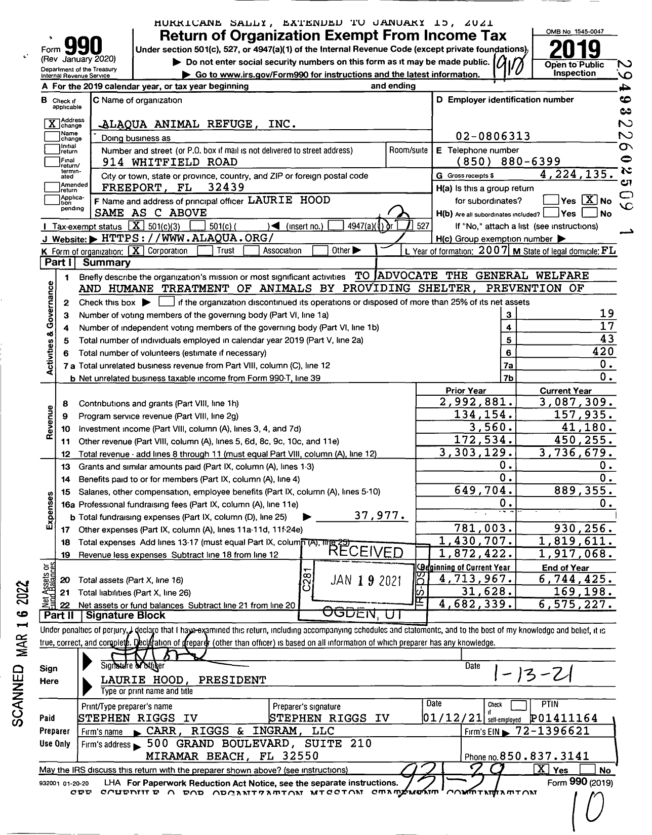 Image of first page of 2019 Form 990 for Alaqua Animal Refuge