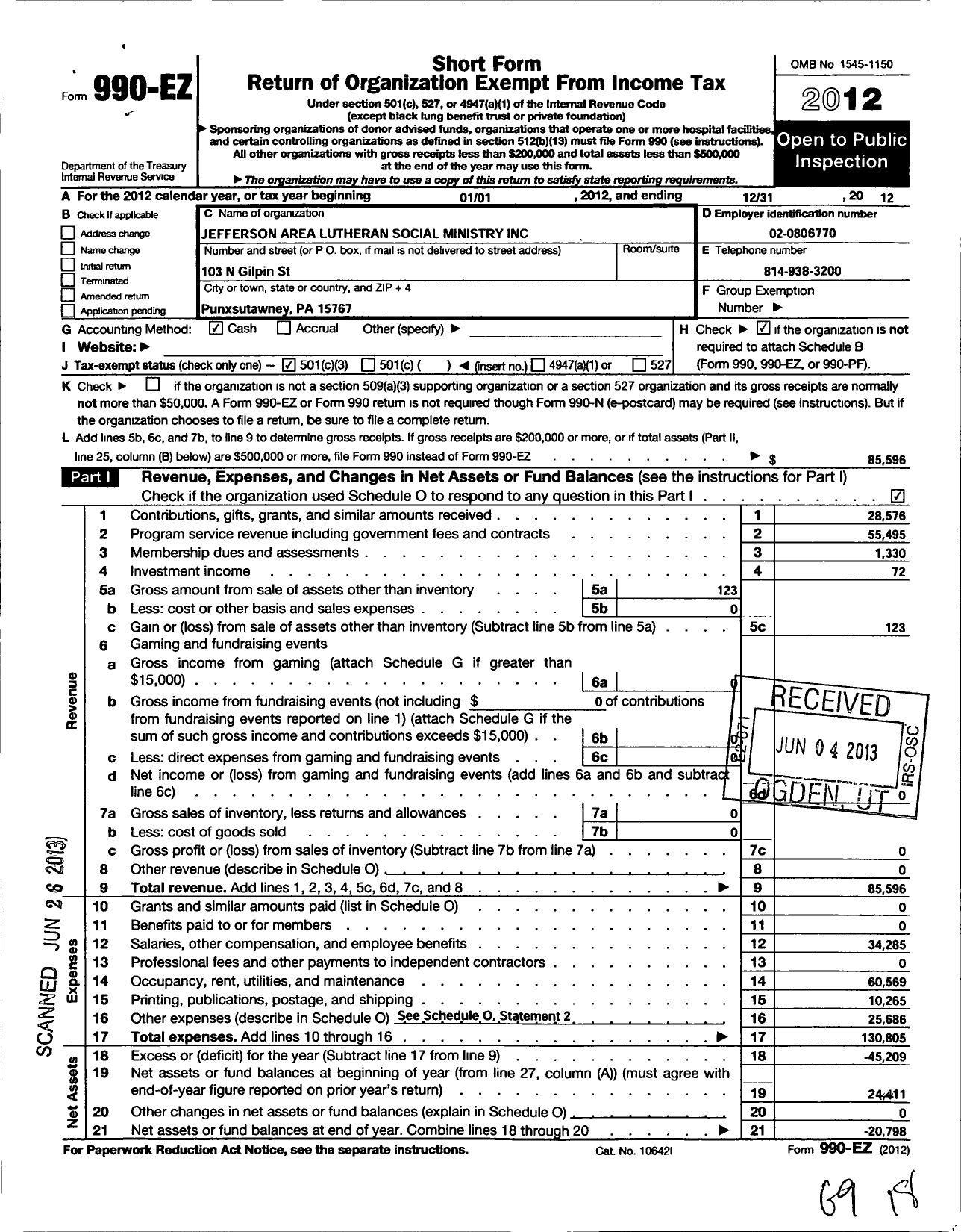 Image of first page of 2012 Form 990EZ for Jefferson Area Lutheran Social Ministry