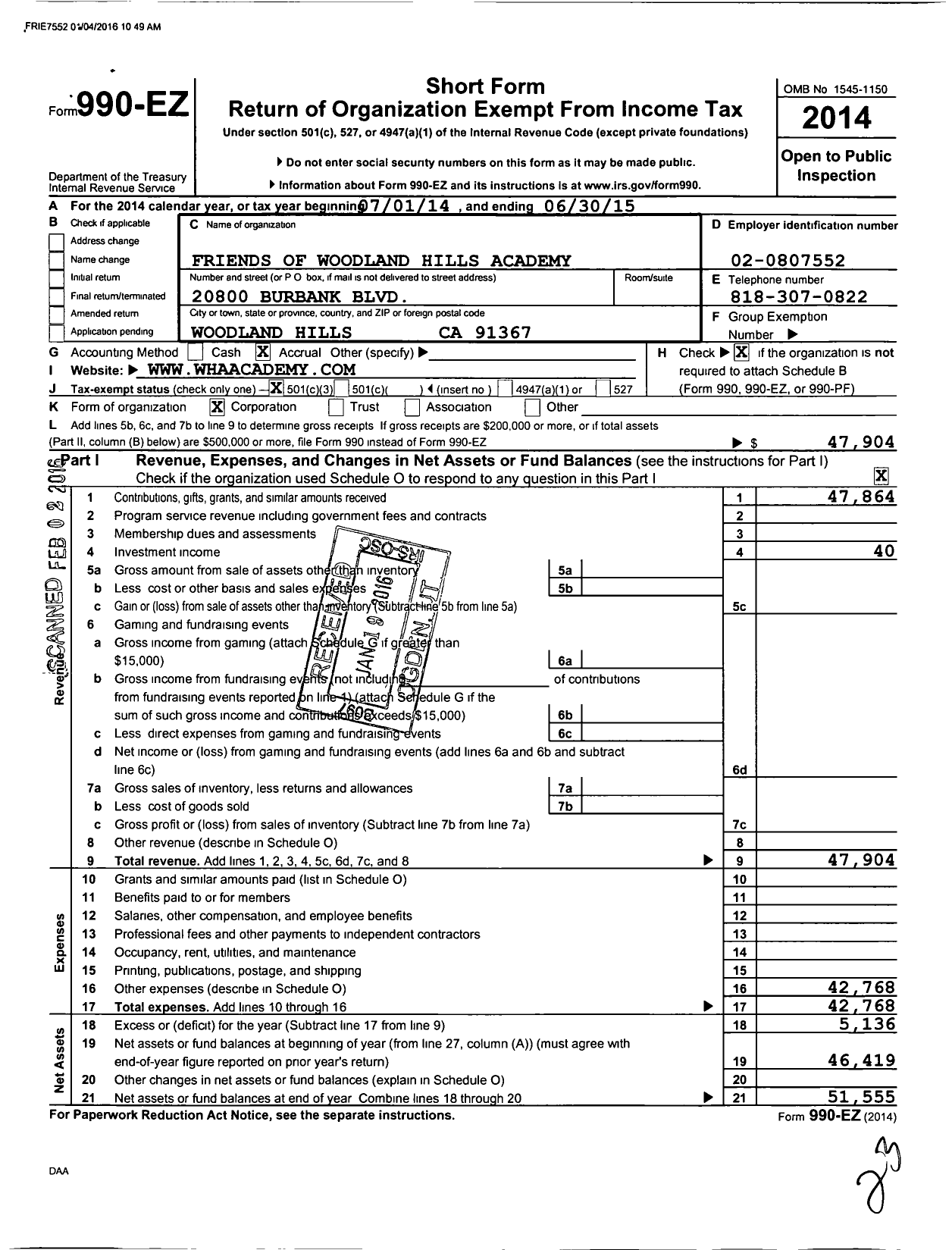 Image of first page of 2014 Form 990EZ for Friends of Woodland Hills Academy