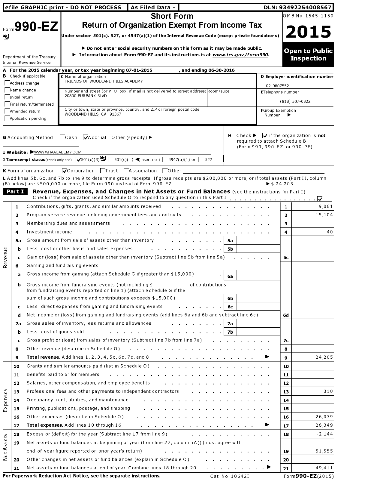 Image of first page of 2015 Form 990EZ for Friends of Woodland Hills Academy