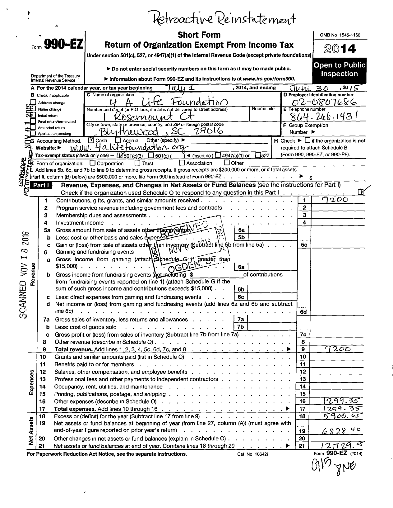 Image of first page of 2014 Form 990EZ for 4 A Life Foundation
