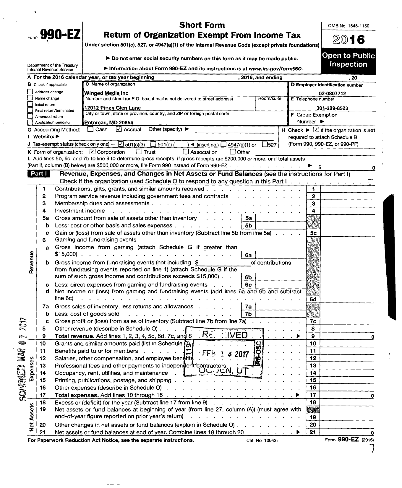 Image of first page of 2016 Form 990EZ for Winged Media