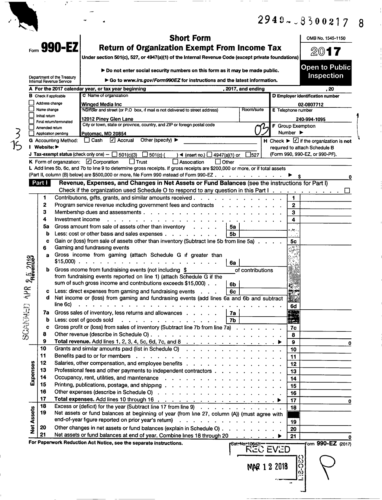 Image of first page of 2017 Form 990EZ for Winged Media