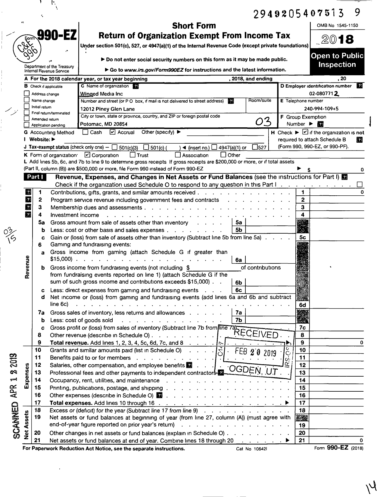 Image of first page of 2018 Form 990EZ for Winged Media