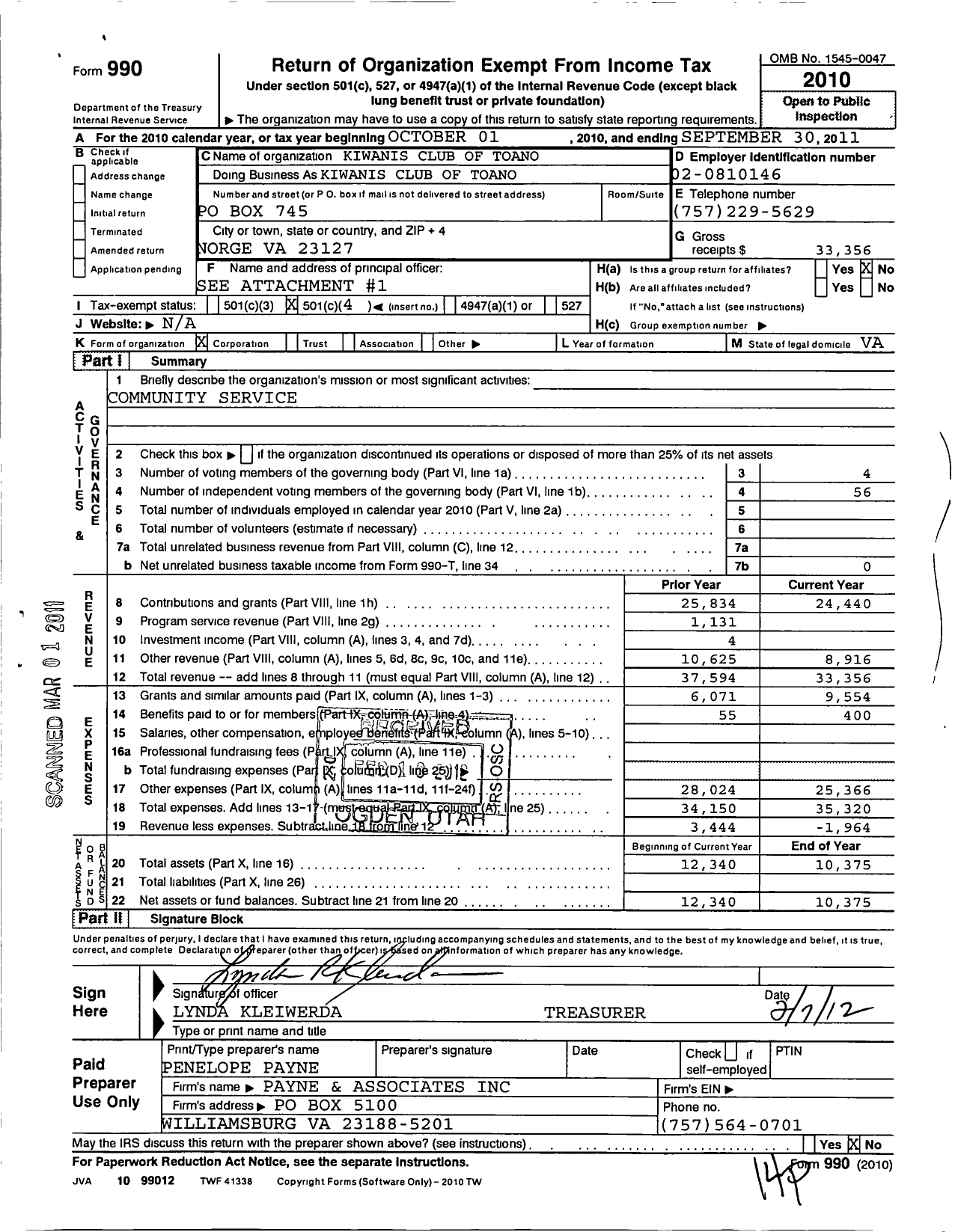 Image of first page of 2010 Form 990O for Kiwanis International - K17543 Toano