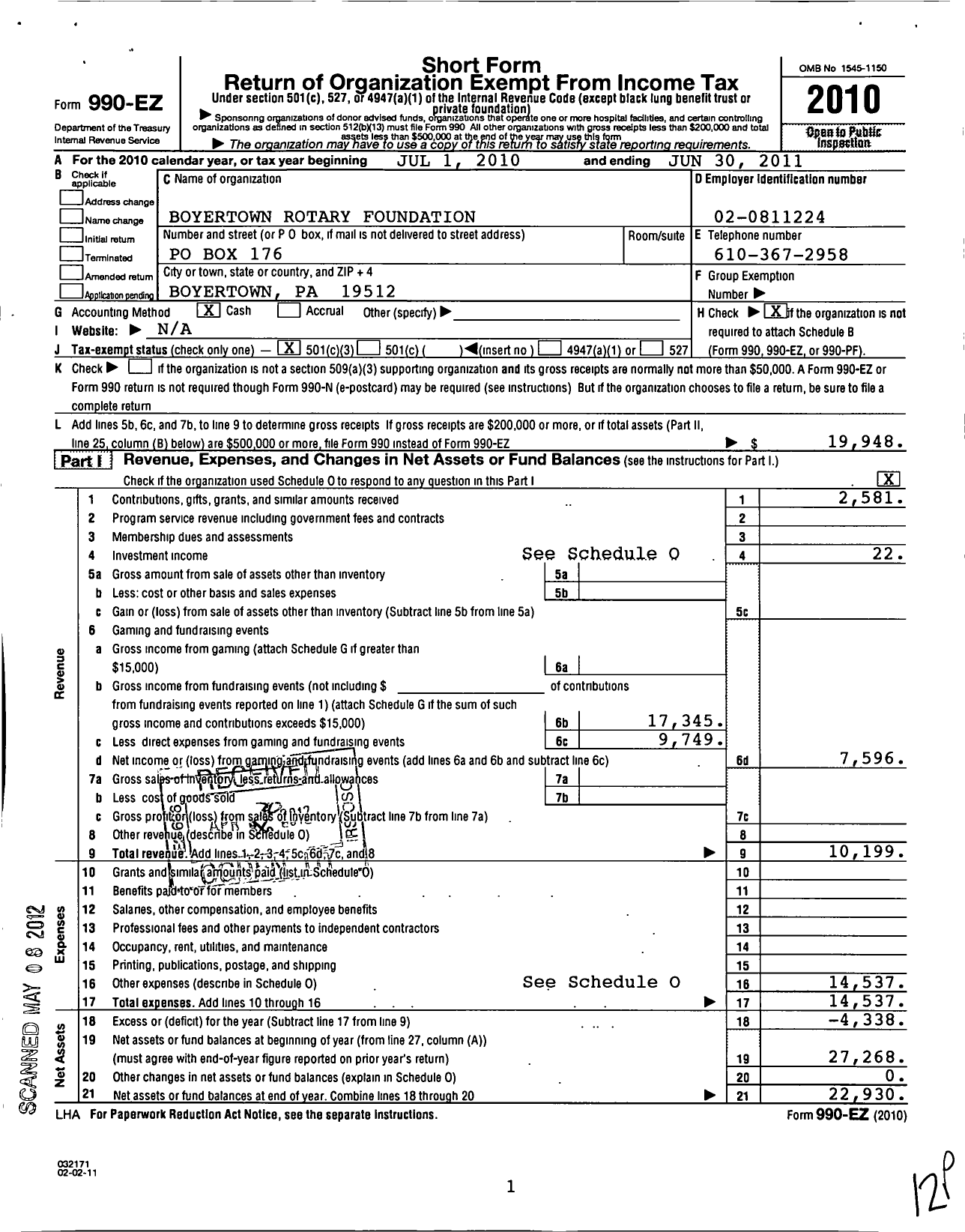 Image of first page of 2010 Form 990EZ for Boyertown Rotary Foundation