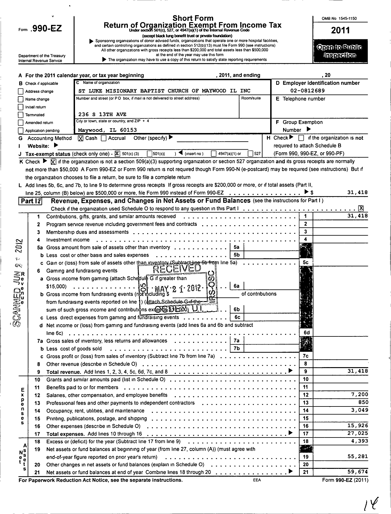 Image of first page of 2011 Form 990EZ for St Luke Missionary Baptist Church