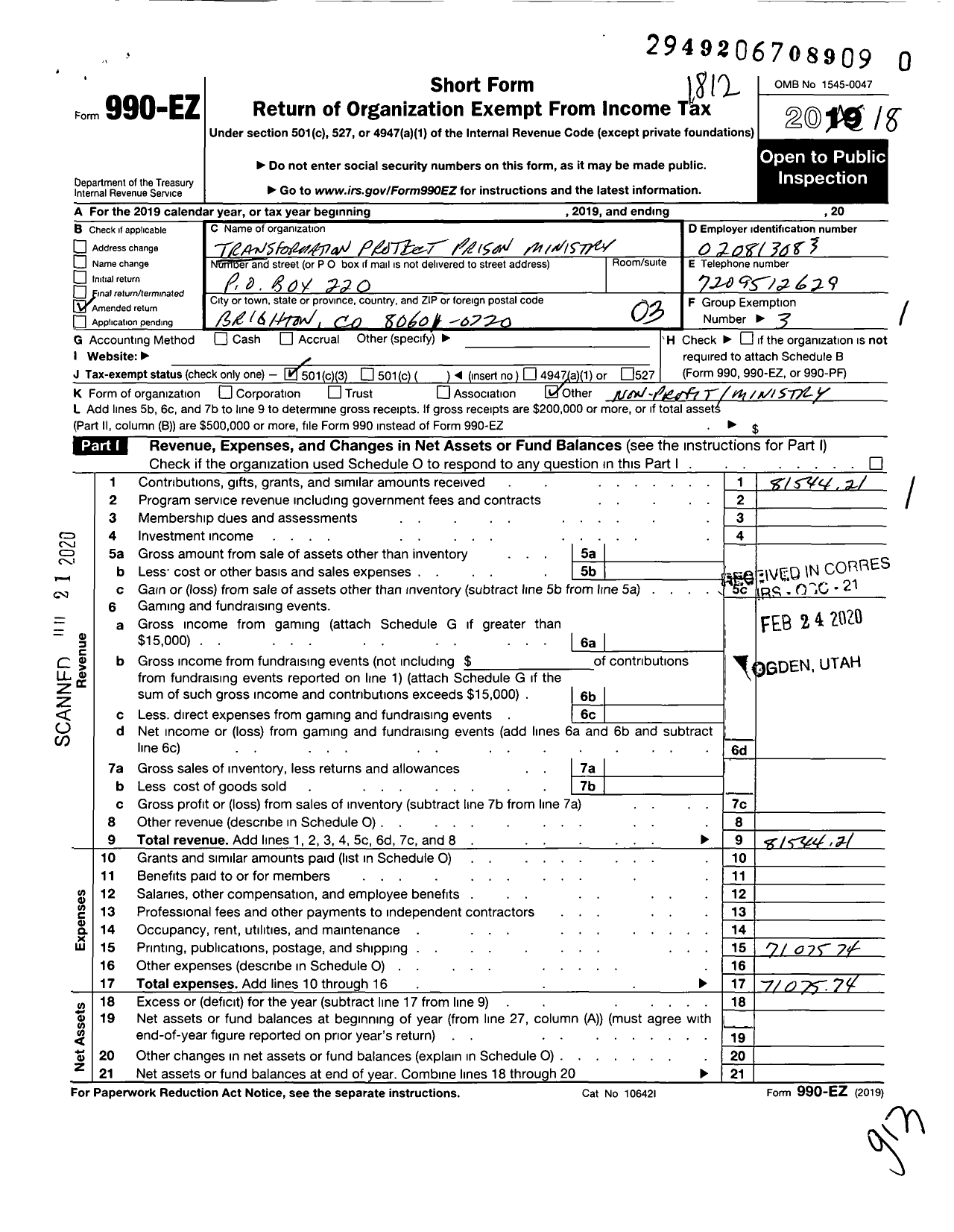 Image of first page of 2018 Form 990EZ for Transformation Project Prison Ministry