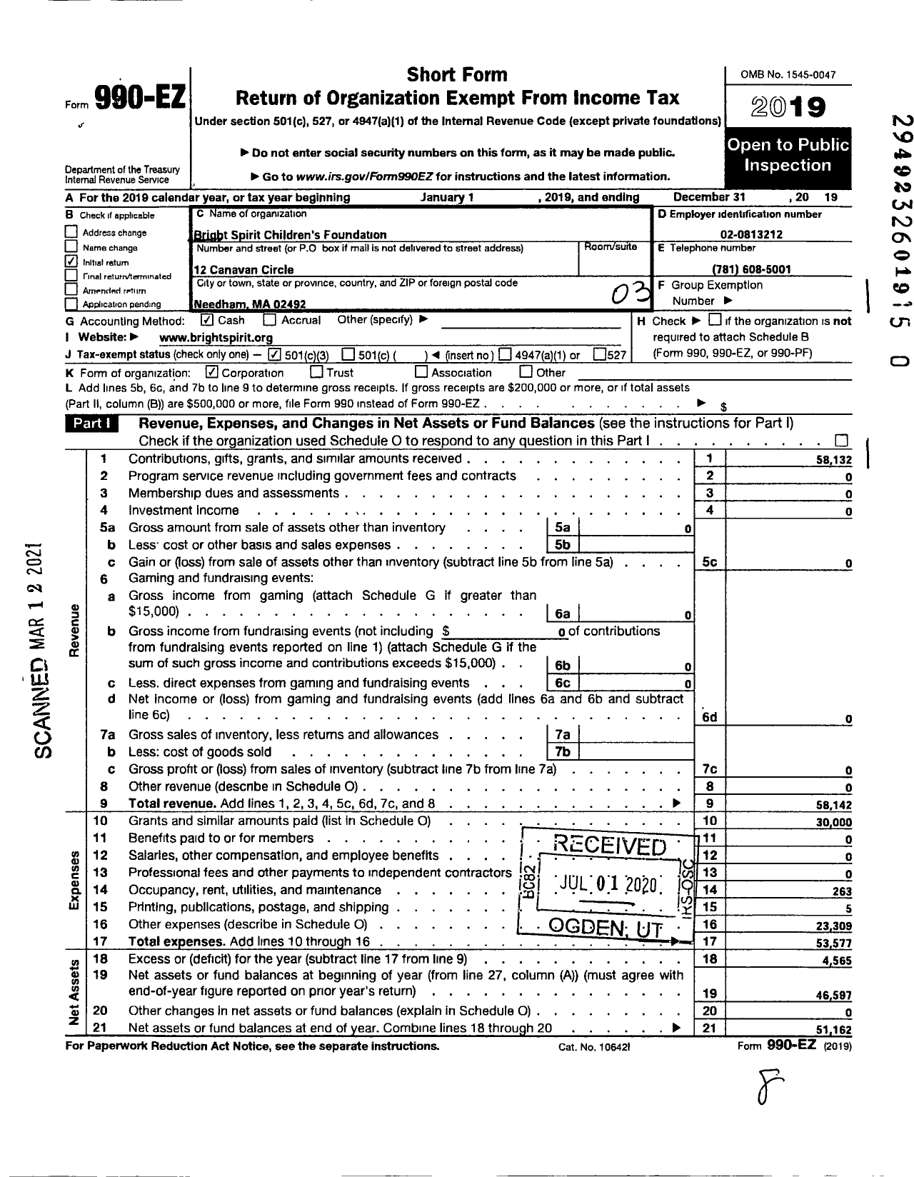 Image of first page of 2019 Form 990EZ for Bright Spirit Childrens Foundation