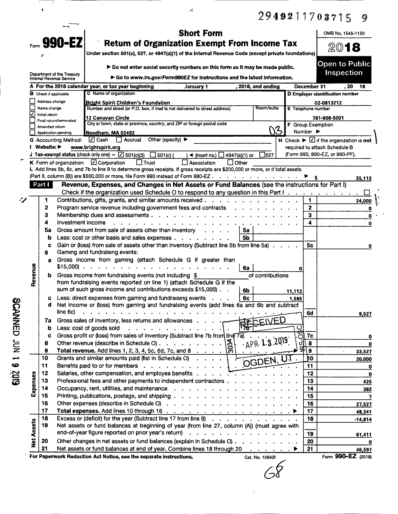 Image of first page of 2018 Form 990EZ for Bright Spirit Childrens Foundation