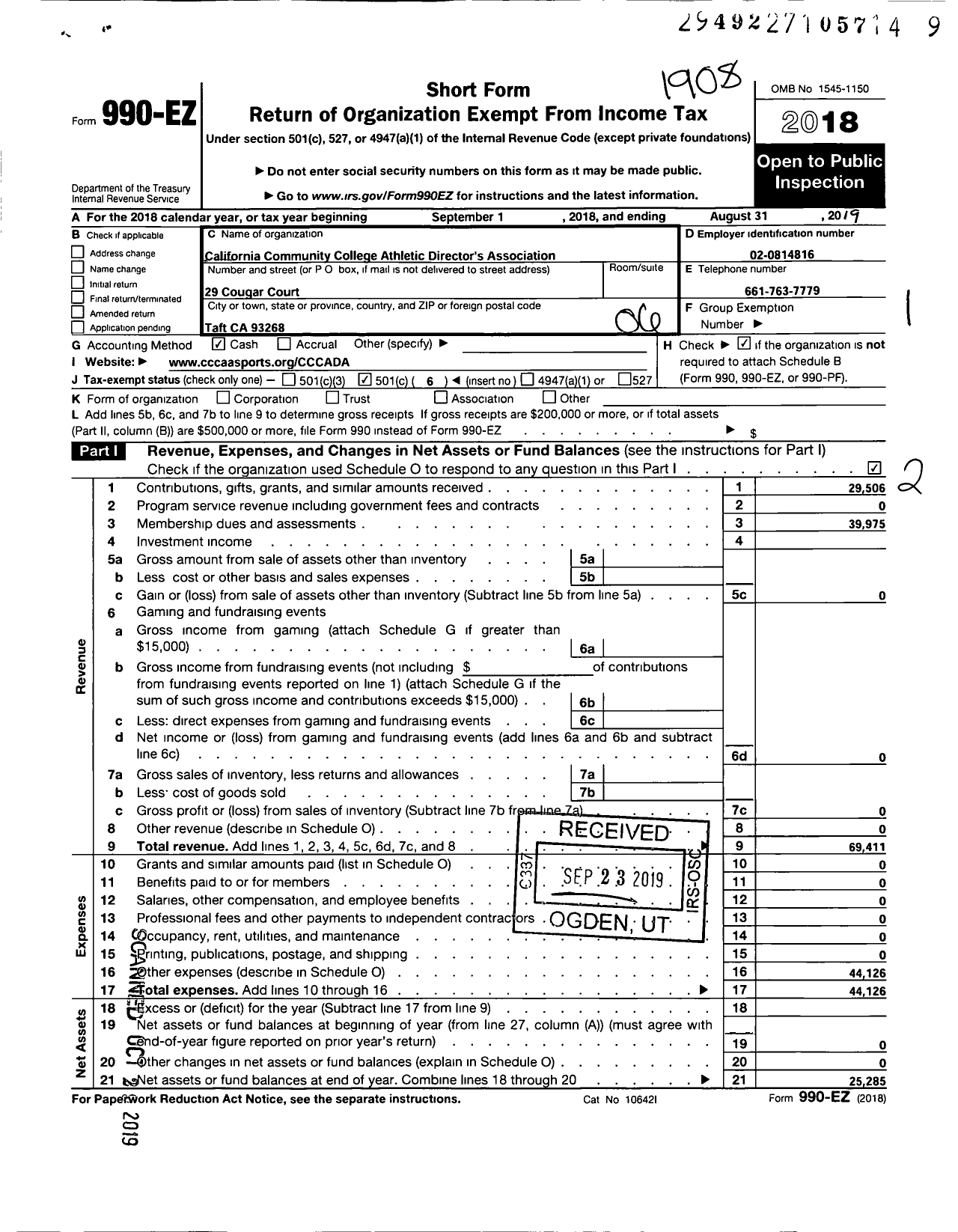 Image of first page of 2018 Form 990EO for California Community College Athletic Directors Association