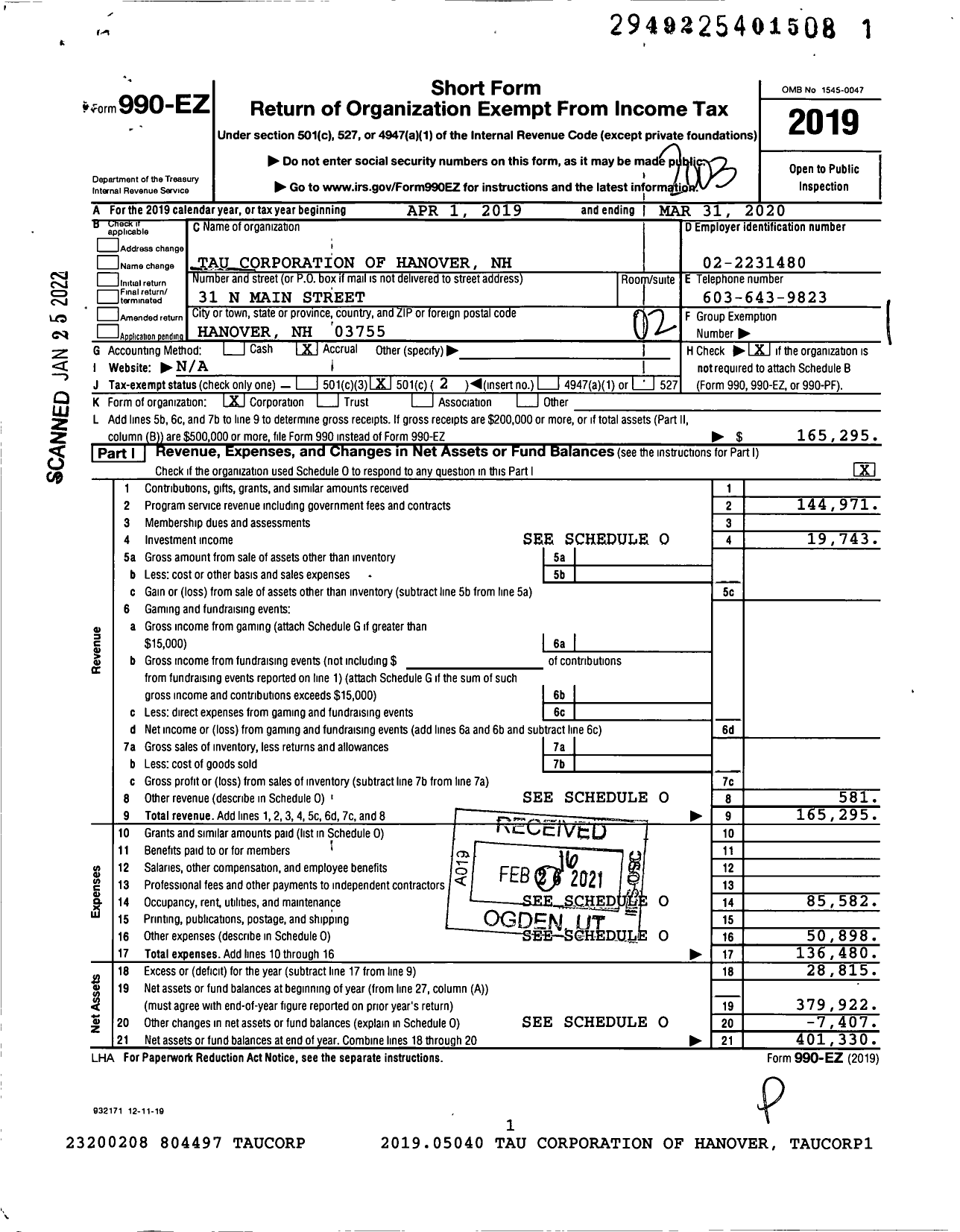 Image of first page of 2019 Form 990EO for TAU Corporation of Hanover NH