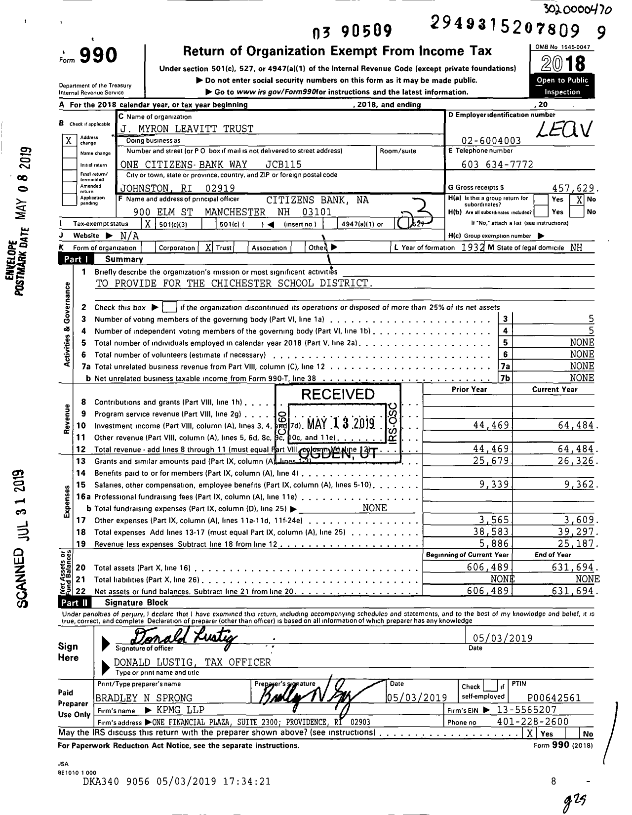 Image of first page of 2018 Form 990 for J Myron Leavitt Trust